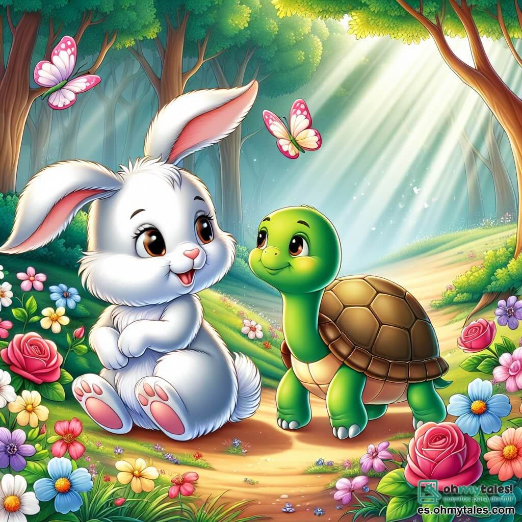 Ilustración que representa un pequeño conejo de pelaje suave y sedoso de color blanco, con grandes orejas erguidas y ojos brillantes de curiosidad. Tiene una expresión alegre y maravillada mientras se detiene a admirar las flores coloridas a su alrededor. Junto a él, una tortuga de caparazón verde y brillante, con ojos sabios y una sonrisa tranquila, avanza lentamente, disfrutando cada momento y mirando al conejo con benevolencia. El escenario se sitúa en un hermoso bosque soleado, donde los rayos de luz filtran a través de las hojas de los árboles. Flores de colores vivos, como rosas, violetas y margaritas, salpican el suelo, y una suave brisa hace danzar las hierbas. La situación principal muestra al conejo y a la tortuga caminando juntos, el conejo deteniéndose a admirar las flores, mientras la tortuga le explica la belleza de tomarse su tiempo. Otros elementos gráficos incluyen mariposas revoloteando a su alrededor, pájaros cantando en los árboles y una atmósfera pacífica que invita a la contemplación.