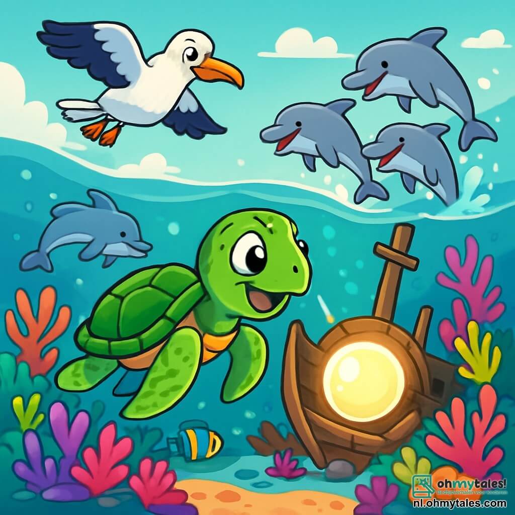 Tara, een jonge zeeschildpad met een groene en glanzende schaal, zwemt enthousiast in turquoise wateren, haar ogen sprankelend van opwinding en nieuwsgierigheid. Ze gaat richting een enorme, stralende parel, de Zeemaan, die met een zachte en magische gloed in het midden van een oud vergaan schip schittert, omringd door kleurrijke koralen. Opa Albatros, een grote vogel met sneeuwwitte veren, zweeft boven haar, zijn wijze en trotse ogen observerend met welwillendheid terwijl Tara's zoektocht voortduurt. Dichtbij spronget een groep dolfijnen met glanzende en vrolijke schubben uit het water, hun stralende glimlachen en gracieuze bewegingen voegen dynamiek toe aan de scène. De locatie is een prachtig koraalrif, waar bloemvormige koralen bloeien in levendige tinten van roze, paars en geel, terwijl kleurrijke vissen eromheen zwemmen, wat een sfeer van magie en avontuur creëert. De hoofdscène toont Tara, vol vastberadenheid, die dichterbij de fonkelende parel komt, klaar om haar heroïsche missie te volbrengen.