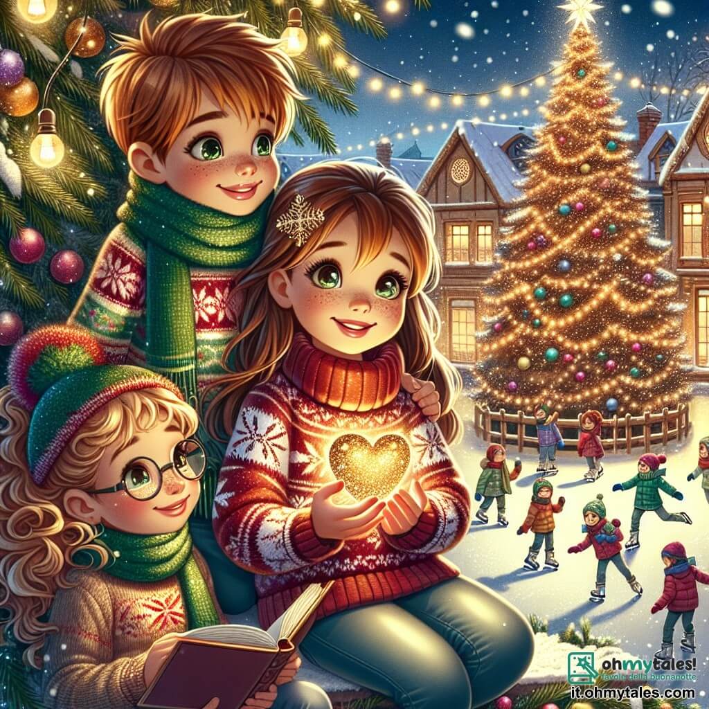 Al centro dell'immagine, tre amiche sono riunite attorno a un grande albero di Natale scintillante. Sofia, una ragazza di 10 anni con lunghi capelli castani e occhi brillanti, indossa un maglione rosso con fiocchi di neve e sorride felice tenendo un cuore d'oro nelle mani. Elena, una ragazza di 9 anni con capelli biondi ricci e occhiali rotondi, indossa una sciarpa verde e legge un libro di fiabe di Natale, seduta su un ramo basso dell'albero. Chiara, una ragazza di 10 anni con capelli castani corti e lentiggini, è in piedi accanto a Sofia, mentre indica un gruppo di bambini che pattinano felicemente su una pista di ghiaccio vicina. Il luogo è una splendida piazza natalizia, illuminata da luci scintillanti e circondata da case di legno decorate con fiocchi di neve. Fiocchi di neve cadono dolcemente dal cielo, aggiungendo un tocco magico all'atmosfera. Le tre amiche festeggiano la loro vittoria dopo aver trovato oggetti magici per salvare il Natale, circondate da risate e gioia, mentre i bambini si divertono intorno a loro.