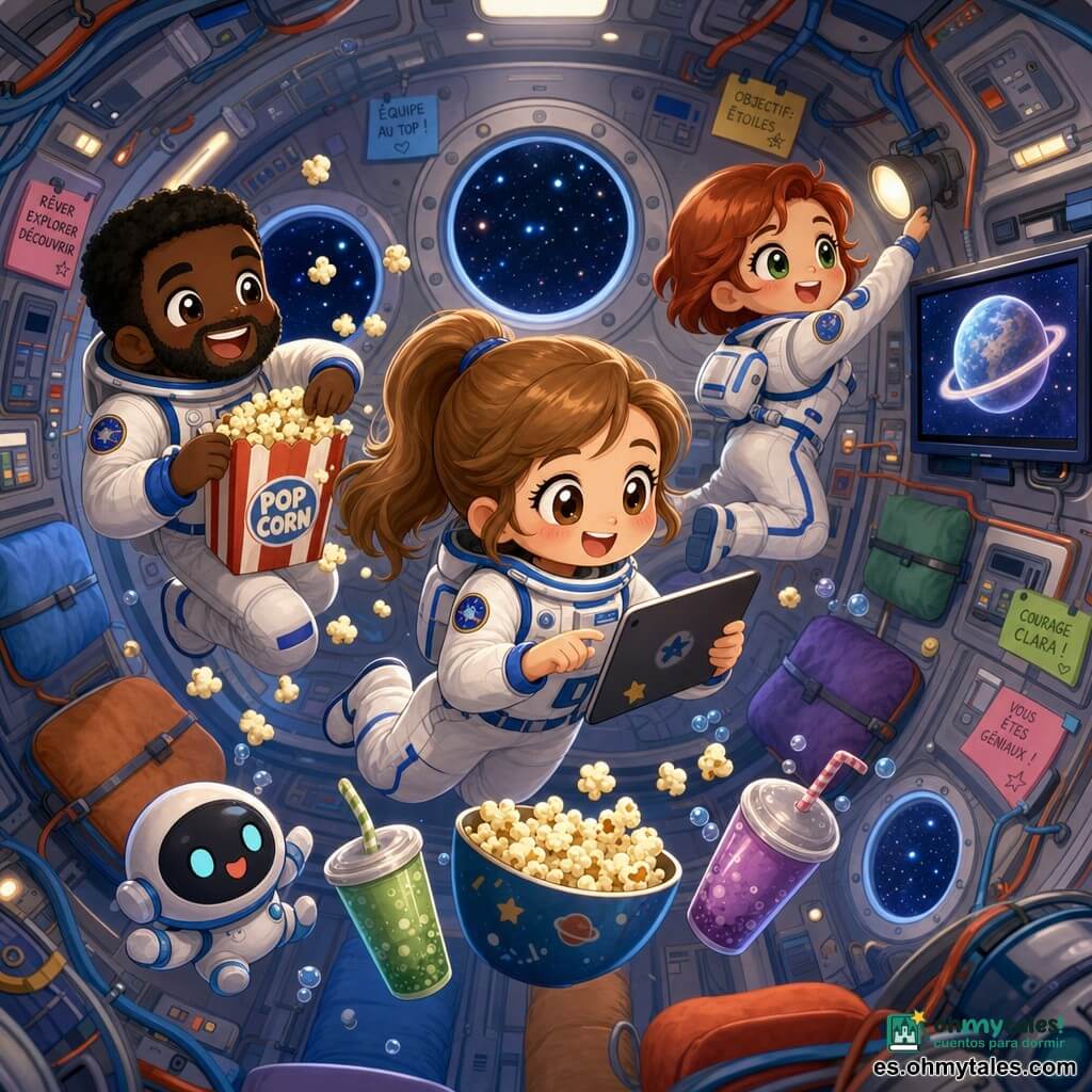 Clara, una astronauta sonriente y asombrada con coleta castaña clara, lleva un traje blanco con detalles azules y toca una tableta; Javier, un astronauta de unos 35 años con barba corta y cabello negro, ríe y sostiene una bolsa de palomitas flotando a la izquierda; a la derecha, una compañera pelirroja de unos 30 ajusta una pequeña lámpara; el interior es un módulo espacial estrecho y redondeado de paredes metálicas grises con cables, etiquetas, cojines y ventanas redondas que muestran estrellas; la escena muestra una mini sala de cine improvisada: una pantalla proyecta una imagen de planeta, palomitas y bebidas flotan y los personajes flotan en círculo compartiendo un momento cálido y lúdico.
