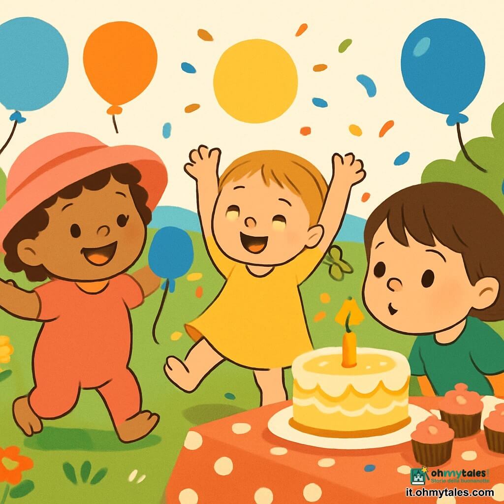 Ci sono 3 personaggi: - Mia: una bambina di 1 anno, con capelli ricci e un grande sorriso. Indossa un bel cappello rosa e tiene un palloncino blu in mano. - Lia: una bambina di 1 anno, con capelli lisci e una piccola treccia. È vestita con un vestito giallo e danza felicemente, con le braccia alzate. - Pia: una bambina di 1 anno, con capelli castani e occhi brillanti. Indossa una maglietta verde e sta soffiando su una candela di torta, con un'espressione concentrata. Le tre bambine si trovano in un giardino soleggiato, pieno di fiori colorati e palloncini volanti. Una grande tavola decorata con una tovaglia a pois ospita una magnifica torta di crema, circondata da pasticcini e coriandoli. La situazione principale mostra le tre amiche che festeggiano il compleanno insieme, ridendo e giocando intorno al tavolo, con scoppi di risate e sorrisi radiosi.