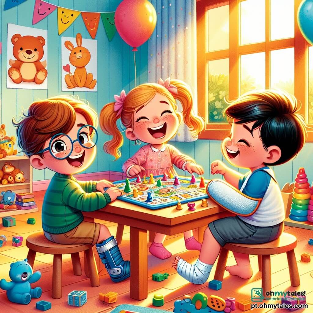 Em uma sala de recreação colorida de um hospital, três crianças estão reunidas em torno de uma grande mesa de madeira. Lucas, um menino de 7 anos com cabelos castanhos e óculos, sorri alegremente segurando um jogo de tabuleiro. À sua direita, Sofia, uma menina de 6 anos com cabelos loiros e tranças, ri ao olhar para o tabuleiro. À esquerda, Pedro, um menino de 7 anos com cabelos negros e um braço engessado, exclama entusiasticamente ao mostrar uma carta do jogo. A sala é decorada com desenhos de animais sorridentes e balões coloridos flutuando no teto, criando uma atmosfera calorosa e alegre. Brinquedos estão espalhados pelo chão, e uma janela deixa entrar a luz do sol, iluminando os rostos das crianças. A cena principal mostra as crianças brincando juntas, rindo e compartilhando histórias, ilustrando assim sua amizade e coragem diante da doença.