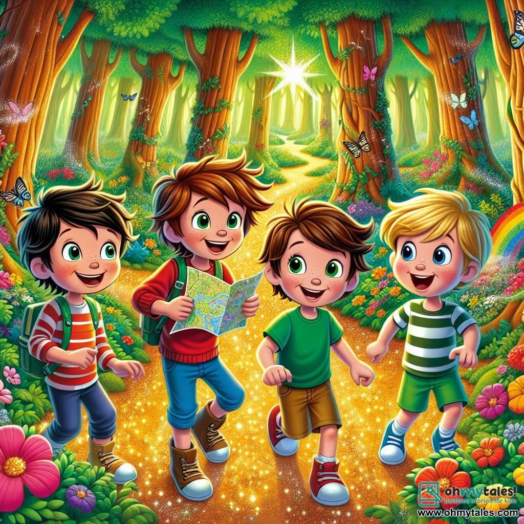 In an enchanted forest, four boys around 8 years old stand together, ready for adventure. Max, with messy brown hair and a red t-shirt, smiles enthusiastically while holding a map. To his right, Leo, a blond boy with glasses and a blue sweater, points to a shimmering golden path. Sam, with brown hair and wearing green shorts, jumps for joy, while Ben, with black hair and a striped t-shirt, looks around with wide eyes, intrigued by the bright colors of the flowers. The forest is filled with majestic trees and vibrant green leaves, while colorful flowers cover the ground, creating a rainbow of colors. Shimmering butterflies fly around them, adding a touch of magic to the atmosphere. The boys stand in front of a clearing where a shining star rests on a bed of soft moss, preparing to help a small fairy with sparkling wings who looks at them with hope.