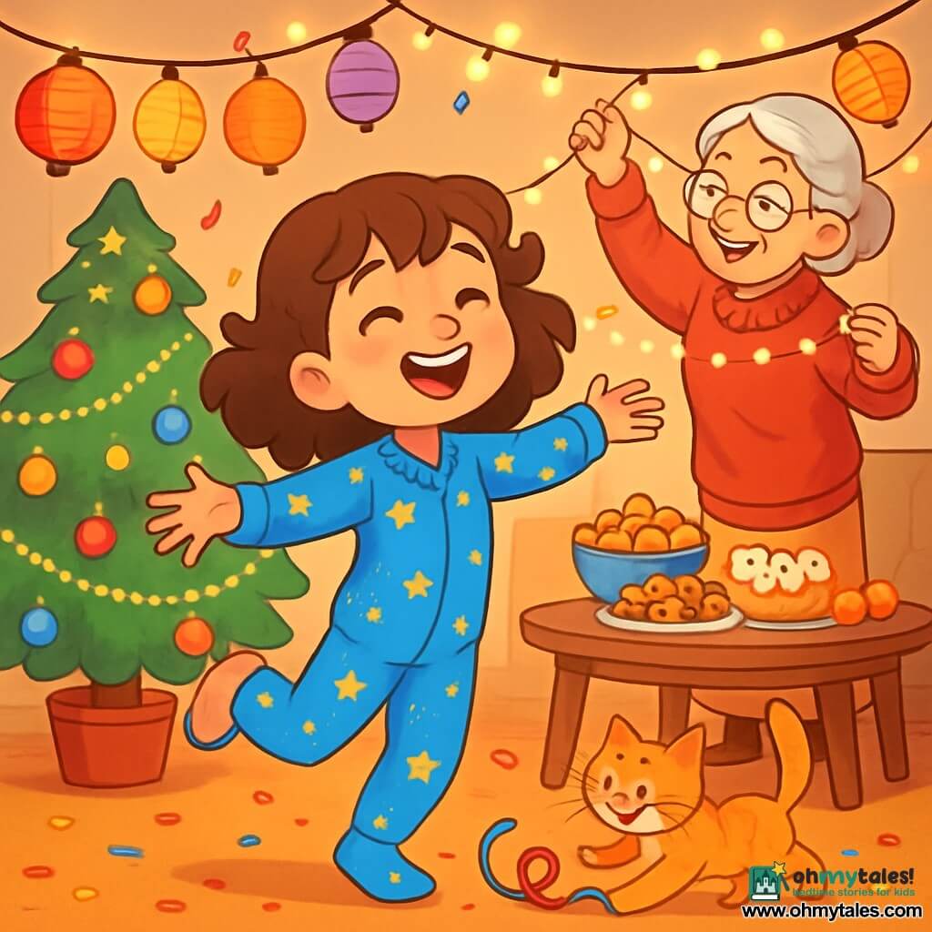 A 10-year-old girl, Maya, with curly brown hair, is wearing a blue pajamas with sparkling stars. She has sparkling eyes and a big smile on her face, dancing around a cozy living room decorated with colorful lanterns. Her grandmother, an elderly woman with silver hair, is busy hanging string lights from the ceiling, laughing softly. She is wearing a fluffy red sweater and glasses. The living room is filled with soft light, with a large Christmas tree in one corner, adorned with shiny ornaments and garlands. A table is covered with cakes and fruits, and shiny confetti is scattered on the floor. Maya is joyfully spinning around with her arms open, excited for the upcoming New Year's celebration, while Whiskers, the cat, plays with a colorful ribbon at her feet.