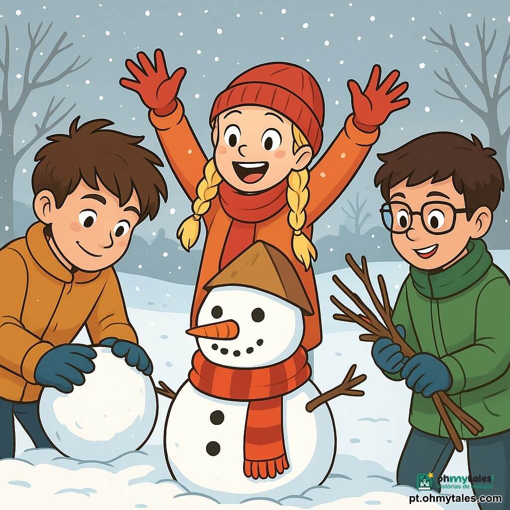 Um garoto de 12 anos, Miguel, com cabelos castanhos bagunçados e bochechas rosadas pelo frio, está inclinado para frente, concentrado e sorrindo, moldando uma bola de neve com suas mãos cobertas por luvas azuis. Ao lado dele, uma garota de 12 anos, Sara, com cabelos loiros trançados e usando um gorro vermelho, o encoraja levantando os braços, cheia de energia e alegria. Um garoto de 12 anos, João, com óculos e um casaco verde, está recolhendo galhos para decorar seu boneco de neve, um pouco afastado, mas com um sorriso cúmplice. O cenário é um grande pátio coberto de neve, cercado por árvores sem folhas, onde flocos de neve caem suavemente do céu cinza claro, criando uma atmosfera mágica e invernal. No centro, um boneco de neve já bem formado, com um cachecol colorido e um chapéu de papel, aguarda para ser finalizado. A cena transmite uma sensação de camaradagem e empolgação, onde a amizade e a criatividade florescem sob a neve cintilante.