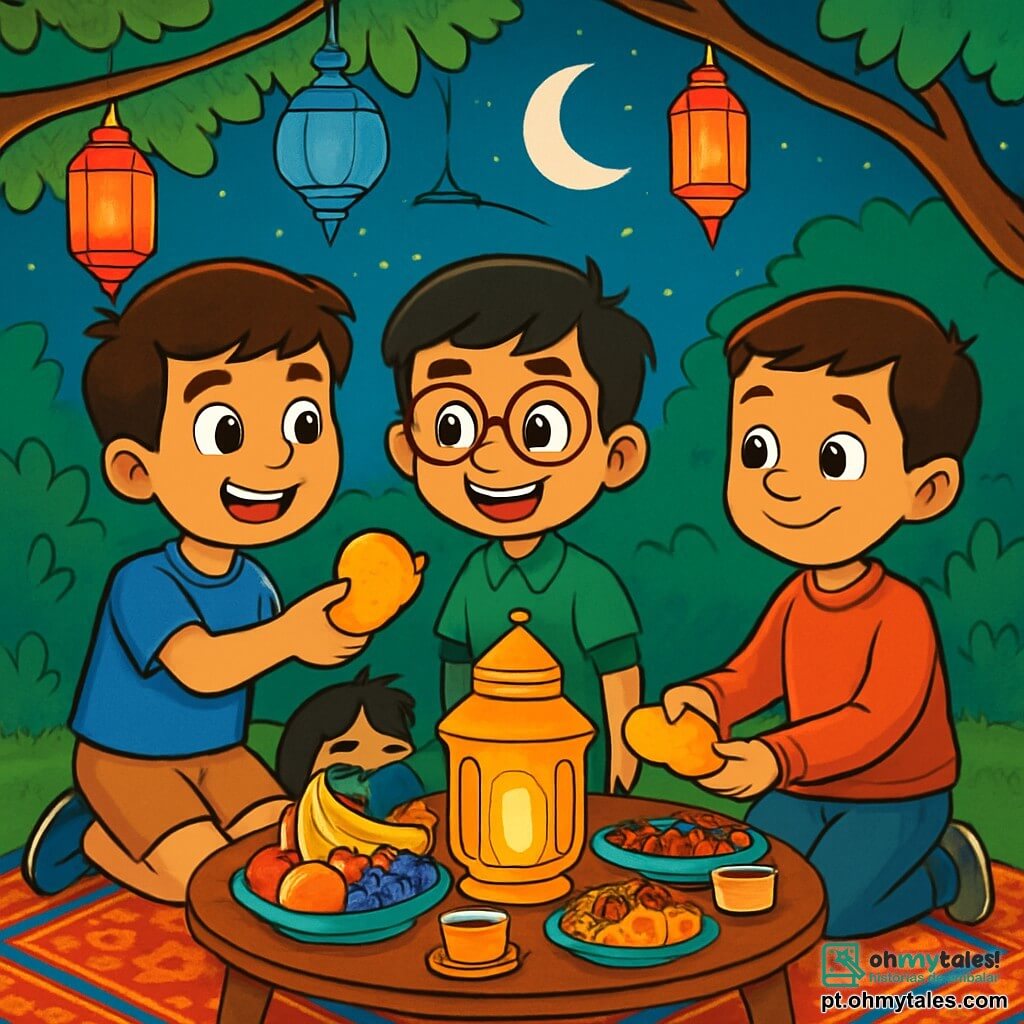 Há 3 personagens: - Amir: um garoto de 10 anos, com cabelo castanho e olhos brilhantes. Ele usa uma camiseta azul e um short bege, está à esquerda, sorrindo, segurando um pedaço de pão dourado. - Samir: um garoto de 8 anos, com cabelo preto e óculos redondos. Ele veste uma camisa verde e uma calça preta, está no centro, olhando para Amir com entusiasmo, pronto para compartilhar o pão. - Malik: um garoto de 9 anos, com cabelo curto e expressão tímida. Ele usa um suéter vermelho e jeans, está à direita, um pouco afastado, mas sorrindo, segurando um pedaço de pão que Amir lhe oferece. O cenário é um jardim encantador, iluminado por lanternas coloridas penduradas nos galhos das árvores. O chão está coberto de tapetes orientais vibrantes, e uma grande mesa está posta com pratos deliciosos, frutas e xícaras de chá. A lua brilha no céu estrelado, acrescentando um toque mágico à atmosfera. A cena principal mostra os três meninos reunidos em torno da mesa, compartilhando alegremente o pão mágico, com rostos radiantes de felicidade que ilustram o espírito de compartilhamento e camaradagem, enquanto a lanterna dourada brilha intensamente ao centro, simbolizando a magia da amizade deles.