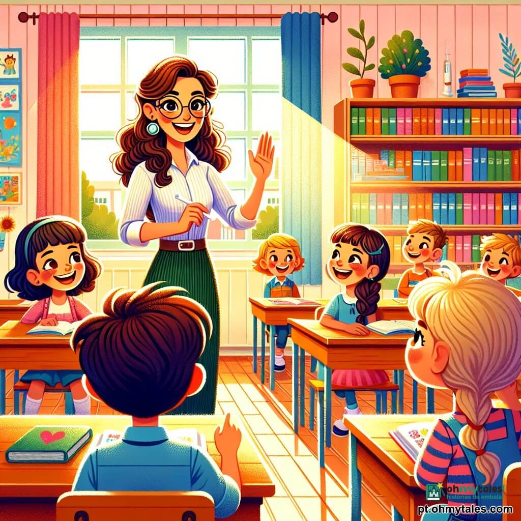 A cena mostra a professora Ana, uma mulher na casa dos trinta anos, com cabelos castanhos ondulados e óculos redondos, sorridente e cheia de energia. Ela está em pé diante de um quadro negro, segurando um giz branco, com os olhos brilhando de alegria e entusiasmo. Ao lado dela, Joana, uma menina de 8 anos com cabelos loiros em duas tranças, levanta a mão com um grande sorriso, ansiosa para fazer uma pergunta. Lucas, um menino com cabelos castanhos curtos, está sentado em sua cadeira, com os olhos bem abertos, ouvindo atentamente, com um caderno colorido à sua frente. A sala de aula é iluminada e acolhedora, com paredes decoradas com desenhos de crianças, estantes cheias de livros coloridos e janelas deixando entrar a luz do sol. As mesas de madeira estão dispostas em círculo, criando uma atmosfera calorosa e colaborativa. A situação principal mostra a professora Ana explicando com paixão o poder das perguntas, enquanto os alunos, cativados, tomam notas e trocam ideias, criando uma atmosfera de aprendizado alegre e dinâmica.