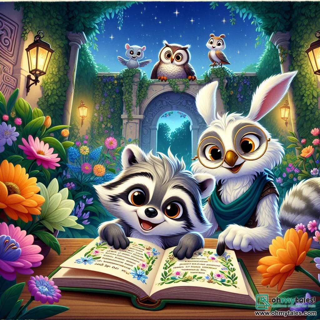 In a magical courtyard filled with vibrant flowers, a young raccoon named Oliver, with gray fur and sparkling curious eyes, stands in the center, smiling widely while holding an old adventure book. Beside him, a wise owl named Professor Hoot, with white feathers and round glasses, observes proudly as she points to an intriguing passage in the book. Nearby, a small rabbit named Luna, with long soft ears and light brown fur, gazes at the starry sky in wonder, her eyes shining with dreams and excitement, ready to share her wishes. The secret courtyard is surrounded by ivy-covered walls and colorful murals, where luminescent flowers sway gently in the wind, creating an enchanted atmosphere. The main scene shows Oliver and his friends discovering the wonders of the book together, immersed in a world of adventure, dreaming of their next explorations under the starry sky.