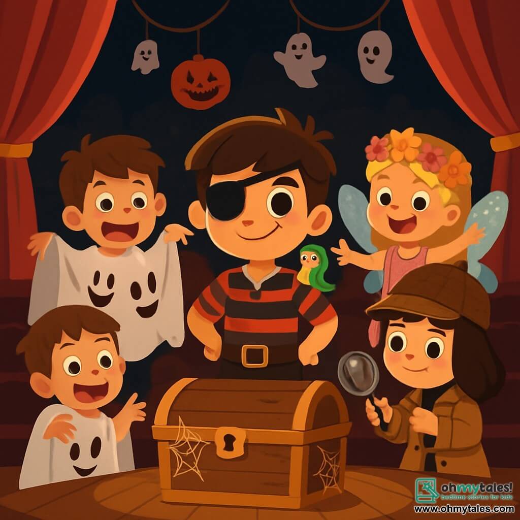 There are 4 children: Max, an 8-year-old boy with messy brown hair and a black eye patch, wearing a pirate costume with a red and black striped shirt, black pants, and a small stuffed parrot on his shoulder, stands in the center, smiling determinedly. Lily, an 8-year-old girl with long shiny blonde hair and sparkling fairy wings, is dressed in a glittery pink dress and wearing a flower crown, slightly behind, raising her arms enthusiastically. Sam, an 8-year-old boy with brown hair, is wrapped in a white sheet decorated with funny faces, making silly faces to the left of Max, ready to make everyone laugh. Emily, an 8-year-old girl with dark brown hair and an oversized detective hat, wears a beige trench coat and holds a magnifying glass, standing to the right of Max, carefully observing the treasure. The setting is a dark and mysterious theater stage with red and gold curtains drawn and empty rows of seats. In the center, an old wooden treasure chest covered in cobwebs shines under the soft light of a spotlight. Halloween decorations like smiling pumpkins and paper ghosts are hung around the stage. The main scene shows the four friends discovering the treasure chest on stage, their faces lit up with excitement and curiosity, surrounded by a magical atmosphere, ready to open the chest and reveal its surprises.