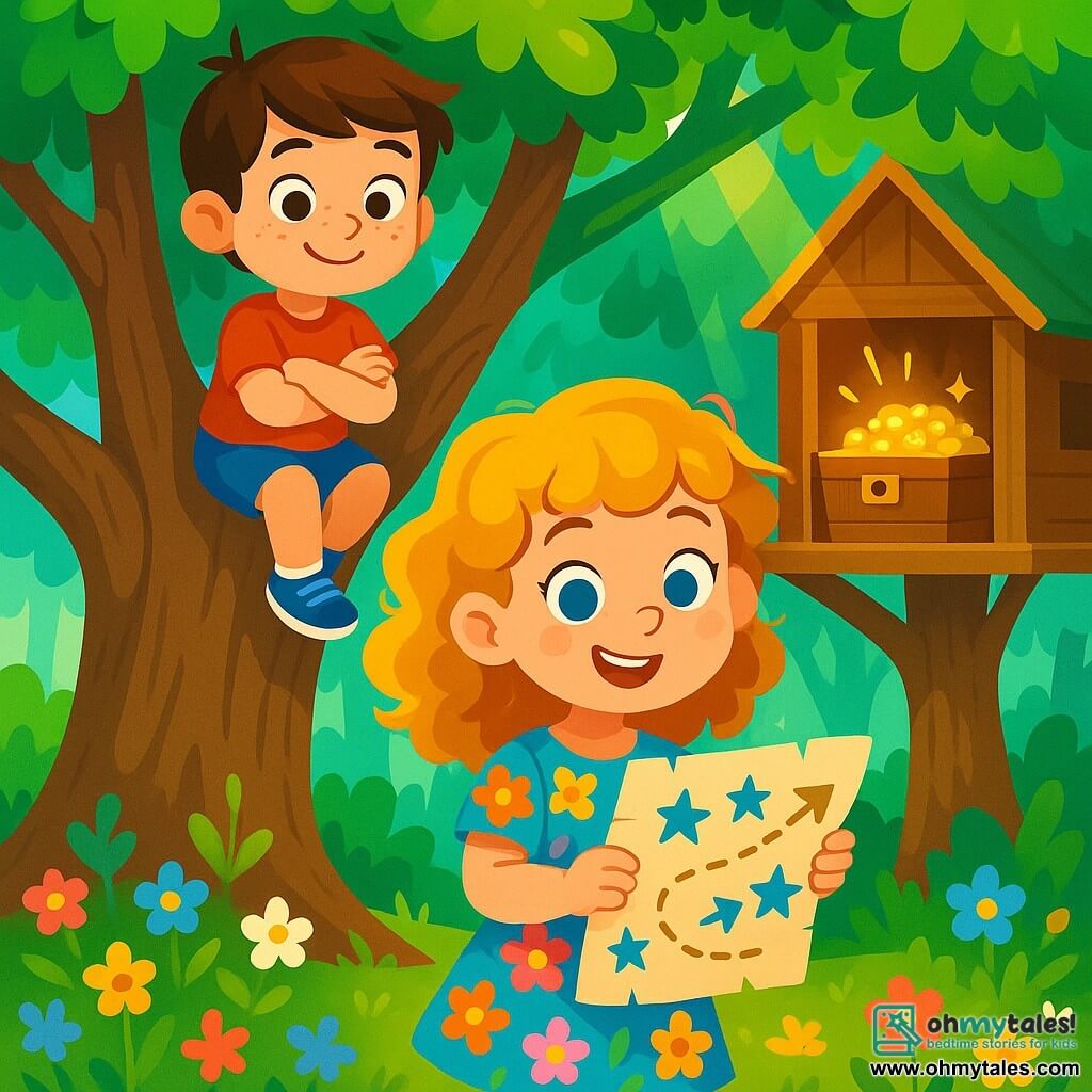 A 6-year-old girl with sparkling blue eyes and golden curls stands in front of an old oak tree, a mischievous smile on her face. She wears a colorful floral dress and holds a hand-drawn treasure map with stars and arrows. Next to her is her best friend, Max, a 6-year-old boy with brown hair and freckles, looking at the map with excitement, arms crossed, standing on a low branch of the oak. The setting is an enchanted forest, with majestic trees and vibrant green leaves, sunlight filtering through the branches, and a carpet of colorful wildflowers covering the ground. The main scene shows Lily and Max discovering an old wooden chest in a treehouse, their faces lit up with curiosity and wonder as they prepare to open the chest filled with sparkling treasures.