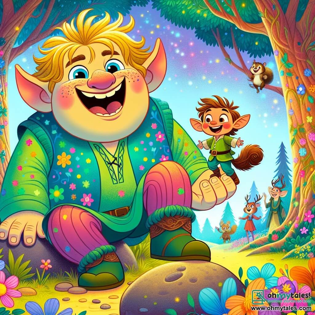 A cheerful giant named Gustus stands at the center of the scene, with a big bright smile and sparkling mischievous eyes. He has tousled golden hair and soft green skin dotted with pink spots. He is sitting on a rock, laughing heartily, with his wide arms open as if welcoming his friends. To his right, a small elf named Pippin, about 8 years old, with pointy ears and curly auburn hair, jumps with joy. He wears a blue tunic adorned with colorful flowers and holds a small backpack filled with sandwiches. To his left, a mischievous squirrel named Nutty, with brown fur and bright eyes, climbs on Pippin's shoulder, laughing and waving his tiny paws. The scene takes place in an enchanted clearing surrounded by tall trees with gnarled trunks and shimmering leaves, where multicolored flowers dance in the gentle breeze. In the distance, cheerful mountains are visible, with sparkling waterfalls adding a touch of magic. The main situation shows Gustus, the giant, laughing uproariously as he listens to the jokes of Pippin and Nutty, creating a joyful and lively atmosphere where friendship and laughter light up the landscape.