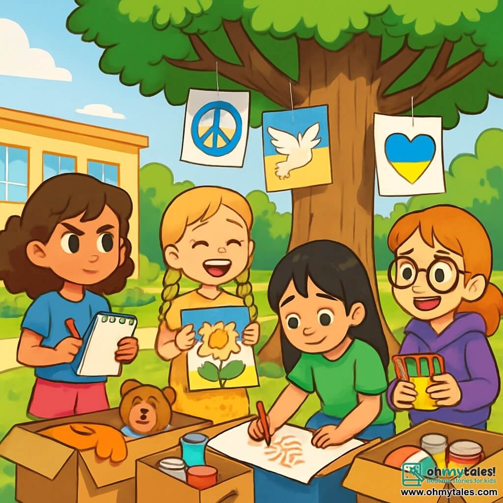 There are 4 children: Ruby, a 10-year-old girl with curly brown hair wearing a blue t-shirt and pink shorts, holding a notebook and pencil, looking determinedly at her friends; Anya, a 10-year-old girl with braided blonde hair in a yellow floral dress, joyfully smiling while holding a colorful poster; Lila, a 10-year-old girl with straight black hair in a green t-shirt and jeans, drawing on a large sheet of paper; and Zoe, a 10-year-old girl with red hair and glasses in a purple hoodie, looking enthusiastic while holding a pack of colored pencils. The main setting is a sunny schoolyard surrounded by tall green trees, with a majestic oak tree in the center, its branches adorned with shiny leaves. Colorful cardboard boxes filled with clothes, toys, and food are placed around the tree, and handmade posters with messages of peace and hope are hanging from the branches. The main scene shows the four children enthusiastically collaborating to organize a donation drive for families affected by the war, laughing and exchanging ideas amid their colorful posters and overflowing boxes of kindness, creating an atmosphere of solidarity and hope.