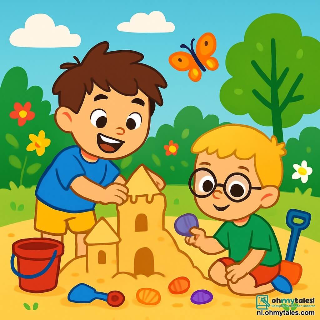 Er zijn 2 hoofdpersonages: - Sam: een 6-jarig jongetje met rommelig bruin haar en sprankelende ogen. Hij draagt een blauwe t-shirt en een gele short, en hij is enthousiast een zandkasteel aan het bouwen. - Max: een 5-jarig jongetje met blond haar en ronde bril. Hij draagt een groene t-shirt en een rode short, en hij zit in het zand schelpen te verzamelen. De situatie speelt zich af in een mooie zonnige tuin, vol kleurrijke bloemen en groene bomen. In het midden vormt een grote zandhoop een klein "strand" waar de kinderen spelen, omringd door strand speelgoed zoals emmers en scheppen. De lucht is blauw met enkele pluizige witte wolken. De belangrijkste situatie van het verhaal toont Sam en Max die plezier hebben met het bouwen van een zandkasteel, lachend en verwonderd over de schelpen die ze vinden. Zonnestralen verlichten hun blije gezichten, terwijl een kleurrijke vlinder om hen heen vliegt.