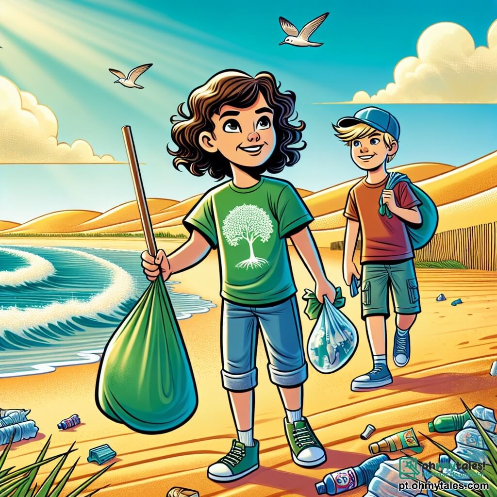 Uma menina de 12 anos, Ana, com cabelos castanhos e cacheados, usa uma camiseta verde com um desenho de árvore e um short jeans. Seu rosto irradia determinação e entusiasmo enquanto ela coleta lixo em uma praia ensolarada. Ao seu lado, seu amigo João, também de 12 anos, tem cabelos loiros e usa um boné azul. Ele segura um saco de lixo e sorri, mostrando seu apoio a Ana. Ao fundo, a praia é cercada por dunas de areia dourada e ondas turquesas que quebram suavemente na costa. Pássaros voam no céu azul claro, adicionando vida à cena. Ana e João estão limpando a praia, cercados por lixo plástico, determinados a proteger o habitat das tartarugas marinhas.