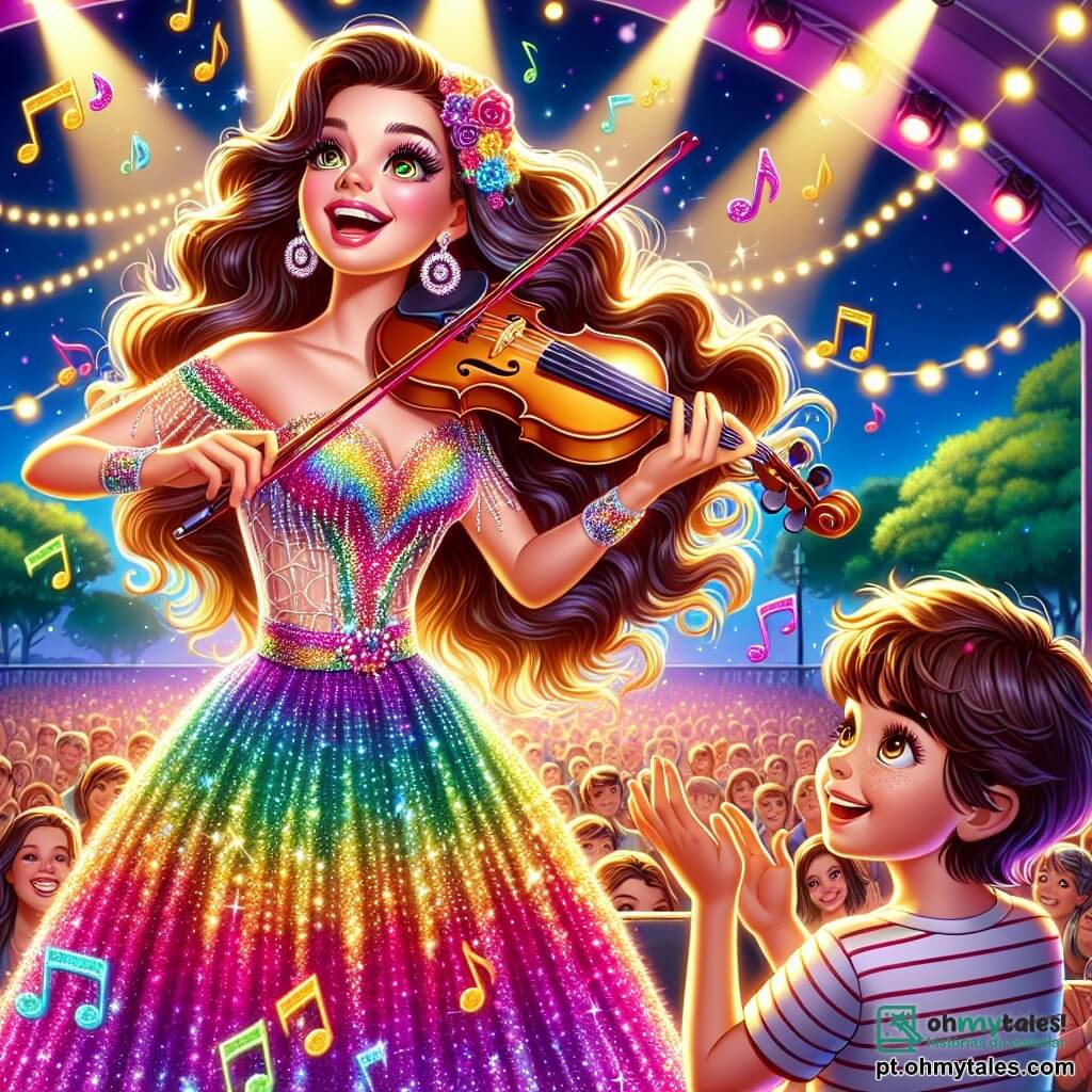 Clara, uma jovem de cabelos longos e ondulados, vestida com um vestido colorido e brilhante, está no palco, radiante e cheia de emoção, com um grande sorriso no rosto. Ela toca seu violino, seus olhos brilhando de alegria, enquanto notas de música parecem flutuar ao seu redor como estrelas. Perto dela, Pedro, um garoto de sete anos com cabelos castanhos e olhos brilhantes, observa Clara com admiração, aplaudindo entusiasticamente. Ele veste uma camiseta listrada e um short, em pé na multidão, cativado pela magia da música. O concerto acontece em um parque verdejante, sob um céu azul com nuvens brancas, com majestosas árvores ao fundo. Luzes coloridas iluminam o palco, criando uma atmosfera festiva e alegre. A cena principal mostra Clara tocando e cantando no palco, cercada por uma multidão maravilhada, enquanto Pedro, com o coração acelerado, sente a magia da música que os une a todos.