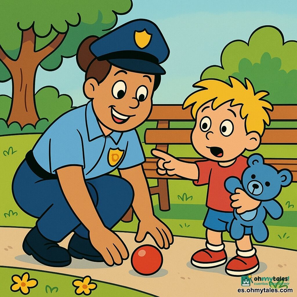 Una mujer policía sonriente y amable, pelo castaño recogido en un moño, uniforme azul claro con placa brillante, se agacha para recoger una pequeña pelota roja; a su lado, un niño de unos 5 años con pelo rubio revuelto, aliviado y maravillado, sostiene su peluche azul y señala la pelota; parque sencillo y colorido con césped verde, un banco marrón, un gran árbol y algunas flores, escena clara y cercana que muestra el gesto tierno de la policía ayudando al niño a recuperar su pelota.