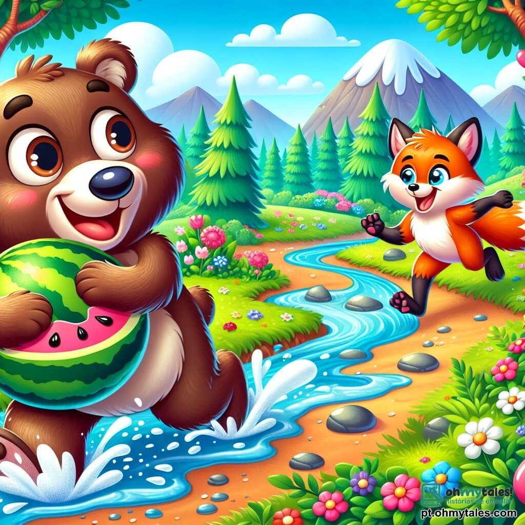 Um urso chamado Bubu, com pelagem marrom e macia, olhos brilhantes de travessura e um grande sorriso, está correndo atrás de uma melancia que rola colina abaixo, espirrando água e lama ao seu redor. Ao seu lado, uma raposa chamada Fifi, com pelagem ruiva e olhos travessos, ri alto enquanto tenta alcançá-lo, ficando um pouco atrás na margem do riacho. O cenário é uma floresta encantada, cheia de árvores com folhas verdes vibrantes, flores coloridas e um riacho cintilante que serpenteia pela paisagem. A cena principal mostra Bubu, o urso, em plena corrida, com uma expressão alegre e determinada, enquanto Fifi, a raposa, se diverte com a cena, criando uma atmosfera lúdica e alegre.