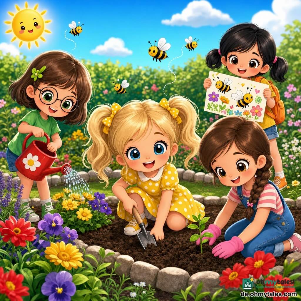 Vier Mädchen (Lisa, etwa 9, blonde Zöpfe, gelbes gepunktetes Kleid, hält eine Schaufel und gräbt; Mia, etwa 9, kurze braune Haare, runde Brille, grünes T‑Shirt, links und gießt Blumen mit einer roten Gießkanne; Clara, etwa 9, kastanienbraune Haare im Zopf, blaue Latzhose, rechts und pflanzt einen Setzling mit rosa Gartenhandschuhen; Emma, etwa 9, schwarze Zöpfe, oranger Rucksack, hinten rechts und hält ein großes buntes Plakat mit Bienen‑ und Blumenmotiven) in einem kleinen Schulhofgarten (feuchte Erde, steinbeete, bunte Blumen, stilisierte Bienen, blauer Himmel mit lachender Sonne, unscharfe grüne Hecke); sie pflanzen gemeinsam einen Garten, um den Bienen zu helfen — fröhliche, lebhafte Szene mit leuchtenden Farben, sanften Formen und zufriedenen Gesichtsausdrücken.