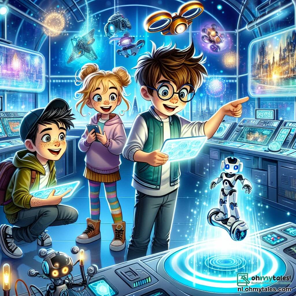 In een futuristisch laboratorium staan vier vrienden samen, verwonderd over hun ontdekking. Max, een 10-jarig jongetje met rommelig bruin haar en ronde bril, wijst naar een stralend hologram dat voor hen zweeft. Links van hem staat Tessa, een 9-jarig meisje met vlechten, die enthousiast glimlacht terwijl ze een verlichte tablet vasthoudt. Rechts staat Leo, een 10-jarige jongen met zwart haar en een pet, die een zwevend hoverboard observeert dat in de lucht draait. Tot slot leunt Sam, een 9-jarig jongetje met rood haar en sproeten, naar voren, gefascineerd door een scherm dat beelden van futuristische technologieën toont. Het laboratorium is gevuld met glinsterende machines en kleurrijke lichten, met glazen muren die een futuristische stad op de achtergrond onthullen, waar vliegende voertuigen door de blauwe lucht glijden. Hologrammen van robots en futuristische uitvindingen zweven om hen heen, wat een magische en dynamische sfeer creëert. De vrienden hebben een ongelooflijk geheim ontdekt: een verborgen laboratorium waar ze technologieën van de toekomst kunnen verkennen. Ze zijn klaar om uitdagingen aan te gaan om deze buitengewone uitvindingen te leren gebruiken en hun impact op de wereld te begrijpen.