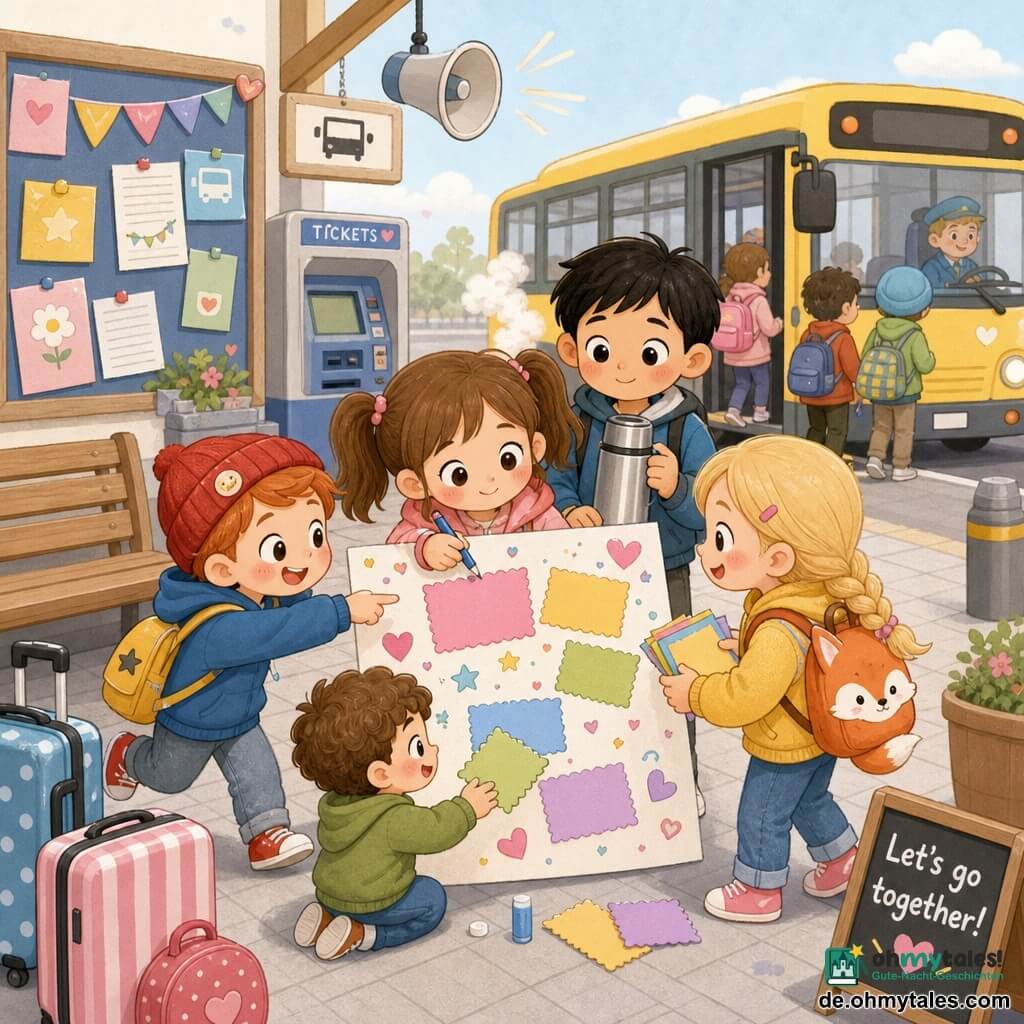 Mila, 6 Jahre alt, schüchtes stolz lächelndes Mädchen mit glänzenden Augen, rosa Wangen und braunen Zöpfen, hält mittig ein buntes Plakat und schreibt mit einem blauen Stift; links Niko, ca. 6, rote Kante, rote Mütze, schelmischer Ausdruck, hüpft und zeigt auf das Plakat; rechts Tessa, ca. 6, blonde geflochtene Haare, Rucksack mit Fuchs, bringt Flyer und wirkt konzentriert/fröhlich; leicht hinter Mila Ben, ca. 7, kurze schwarze Haare, ruhig und fürsorglich, hält eine silberne Thermoskanne; kleiner Leo, ca. 4, braune Locken, erleichtert lächelnd, schaut auf seinen Zettel neben dem Plakat. Szene: heller Busbahnhof mit gefliesten Boden, hellen Holzbänken, gepunkteten und gestreiften Koffern, großem buntem Anschlagbrett, Fahrkartenautomat und hängendem Lautsprecher; im Hintergrund ein gelber Bus mit offenen Türen, sanfter Abgasdampf, Kinder steigen ein. Stimmung: warm, lebhaft, Freunde kleben Namen auf ein großes Plakat, lachen und helfen einander; einfache Komposition, pastellkontraste (Gelb, Blau, Rosa), klare Linien, runde Formen, überzeichnete Mimik. Grafischer Stil: kawaii minimal, aufgeräumter Hintergrund, weiche Schatten, Papier- und Filztexturen sichtbar, Gruppenkomposition.