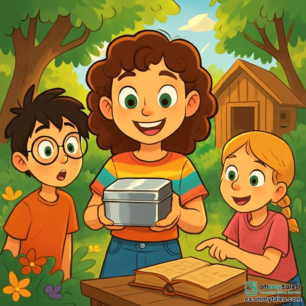 Una niña de 12 años, Clara, con cabello castaño rizado y ojos verdes brillantes, se encuentra en el centro de la imagen, sonriendo ampliamente. Lleva una camiseta a rayas coloridas y un short de mezclilla, sosteniendo una pequeña caja metálica brillante en sus manos. A su izquierda, Nico, un niño de 12 años con gafas redondas y cabello negro desordenado, mira la caja con asombro. A la derecha, Sofía, una niña de 11 años con trenzas rubias y una camiseta rosa, señala un antiguo libro sobre una mesa de madera, iluminada por el descubrimiento. Al fondo, se ve una casita de madera en un jardín verde, con flores coloridas y árboles frondosos, creando una atmósfera de aventura y misterio. La escena muestra a Clara y sus amigos descubriendo un tesoro escondido, listos para resolver el enigma que les espera.