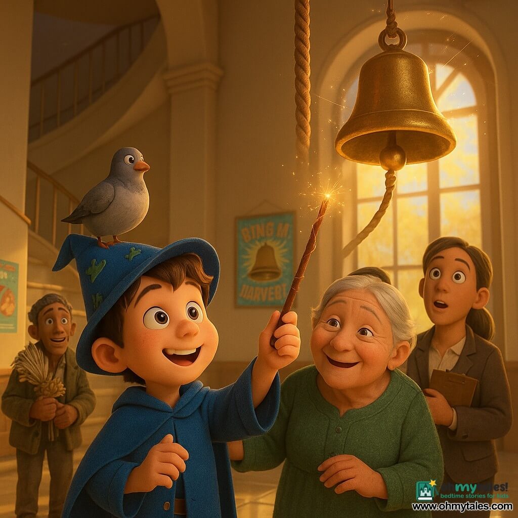 A young apprentice wizard boy with a round, enthusiastic face and bright hopeful eyes wears a pointed blue hat embroidered with small frogs; he holds a cinnamon-stick wand wrapped in copper wire and raises his hand like a conductor to encourage a bell. Grandma Nettle, about 70, with soft wrinkled skin, gray hair in a bun, a worn green dress and a kind smile, stands to his left with a reassuring hand on his shoulder. Ms. Pepple, about 35, with chestnut hair in a ponytail and an official outfit holding a clipboard, stands behind him to the right looking up hopefully. Mr. Broomley, about 60, in a worn jacket holding a mop turned into a bouquet, stands back left amused and surprised. A plump pigeon perches on the boy's hat then hops to the floor watching. Location: a shiny town hall hall with a cream spiral staircase, tall windows letting in a golden beam, colorful posters, and a round hole in the ceiling with a rope leading to the bell. Main action: a joyful moment as townspeople whisper wishes while the rope becomes normal and the bell begins to swing; surprised and relieved expressions, warm colors, sparkling light on the bell and small magical sparks around the wand and rope. Graphic style: smooth, colorful 3D render, soft textures, childlike proportions, warm humorous atmosphere.
