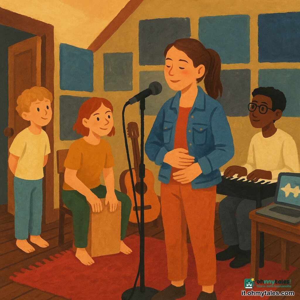Protagonista: Marta, adolescente/giovane donna, viso concentrato e sereno, sorriso timido, capelli castani raccolti in coda, giacca di jeans, canta dolcemente davanti al microfono con una mano sul ventre; ragazzo secondario: Nico, circa 8 anni, capelli ricci e occhi curiosi, in pigiama o maglietta, vicino alla porta della mansarda con le mani dietro la schiena e sguardo meravigliato; donna secondaria: Giulia, adolescente, batterista con capelli corti e rossi, abbigliamento informale, suona dolcemente il cajón a sinistra di Marta con bacchetta appoggiata e sguardo complice; uomo secondario: Amir, adolescente tastierista, carnagione olivastra e occhiali sottili, seduto alla tastiera a destra di Marta con le dita pronte e sguardo attento; luogo: mansarda-studio accogliente con pavimento in legno scuro, pannelli acustici grigio e blu, tappeto rosso spesso, luce calda e soffusa, microfono su stativo al centro, chitarra appoggiata su una sedia e computer con forma d'onda sullo schermo; situazione: prova calma e collaborativa, musicisti in modalità “semaforo” (giallo: molto pianissimo), atmosfera dolce, concentrata e di supporto reciproco in preparazione allo spettacolo.