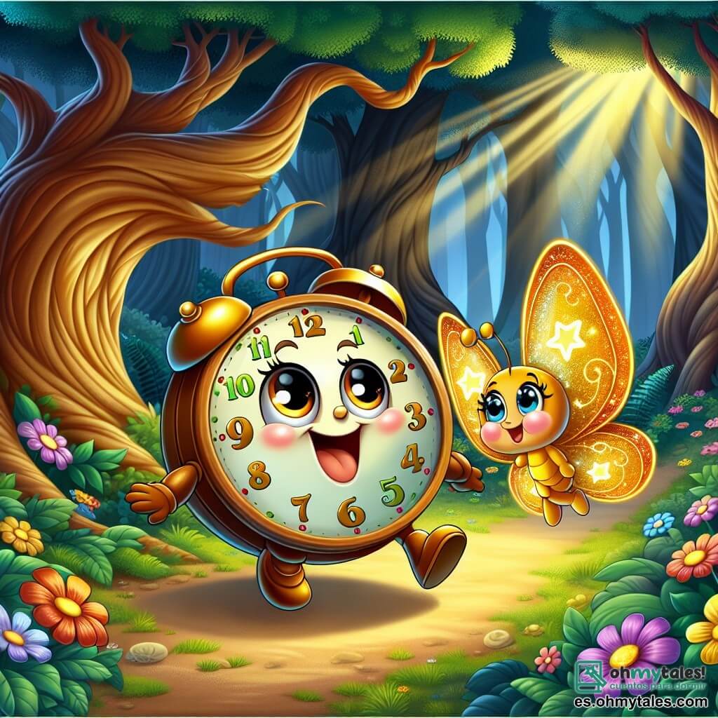 El personaje principal es un pequeño reloj llamado Tic-Tac, con grandes ojos brillantes y una amplia sonrisa. Tiene un cuerpo de madera pulida, decorado con patrones coloridos, y sus agujas doradas giran alegremente. Tic-Tac expresa emoción y determinación mientras avanza con entusiasmo en el claro-oscuro del bosque encantado. A su lado, una mariposa dorada llamada Brillita, con alas brillantes y patrones en forma de estrellas, revolotea a su alrededor. Ella muestra una expresión alegre y alentadora, iluminando el camino con su luz dorada. El lugar es un claro oscuro en el corazón de un bosque encantado, donde grandes árboles con troncos retorcidos se elevan hacia el cielo, sus hojas brillantes bailan al viento. El suelo está cubierto de flores multicolores que brillan como gemas bajo la luz del sol filtrada. La situación principal muestra a Tic-Tac y Brillita frente a un gran árbol antiguo, con una puerta secreta brillante en su tronco. Están listos para entrar en el corazón del bosque para salvar la magia del lugar, rodeados de una atmósfera de misterio y aventura.