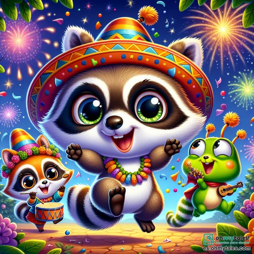 Un pequeño ratón llamado Lolo, con grandes ojos brillantes y bigotes temblorosos, baila alegremente en medio de una fiesta de Año Nuevo, con una gran sonrisa en su rostro. Lleva un pequeño sombrero de fiesta colorido y sostiene una guirnalda de flores en sus patas. A su lado, su hermana Lili, una ratoncita de orejas redondas y ojos brillantes, salta de alegría, con las patas levantadas hacia el cielo, llena de emoción. Un poco más lejos, Pipo, un saltamontes verde brillante, toca música frotando sus patas, con una expresión concentrada y feliz en su rostro. La escena transcurre bajo un gran roble, decorado con hojas y flores coloridas, con luces centelleantes y estrellas brillantes en el cielo nocturno. Los fuegos artificiales estallan en el fondo, iluminando la noche con colores vibrantes. Los personajes celebran juntos, rodeados de risas y alegría, creando una atmósfera festiva y mágica.