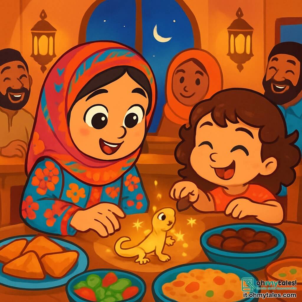 Una bambina di 6 anni, Amina, con grandi occhi brillanti e un sorriso radioso, è seduta a un tavolo decorato con piatti colorati per il pasto del Ramadan. Indossa un abito tradizionale con vivaci motivi floreali e una piccola sciarpa colorata in testa, con le guance leggermente arrossate dall'emozione. Accanto a lei, sua sorella Layla, di 4 anni, con riccioli castani e un'espressione birichina, allunga la mano per prendere un dattero, gli occhi scintillanti di gioia. La scena si svolge in una accogliente sala da pranzo, con pareti adornate di lanterne scintillanti e tappeti colorati sul pavimento. Una grande finestra lascia entrare la luce soffusa della sera, illuminando i volti dei bambini. Amina e Layla sono circondate dalla loro famiglia, ridendo e condividendo storie, mentre una piccola lucertola dorata, Luma, si trova sul tavolo, pronta a fare la sua magia. La scena principale mostra Amina, meravigliata, che allunga la mano verso Luma, che brilla di mille luci, mentre la famiglia si prepara a rompere il digiuno insieme, creando un'atmosfera di felicità e condivisione.