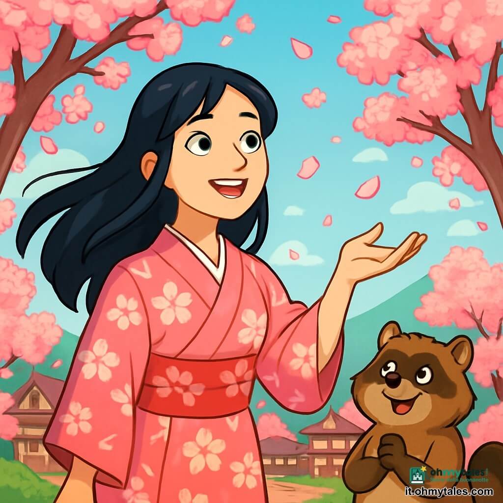 Haruka, una donna di circa trent'anni, si trova al centro della scena, con i suoi lunghi capelli neri che fluttuano dolcemente nel vento. Il suo viso esprime una determinazione luminosa, con occhi brillanti di curiosità e un sorriso caloroso. Indossa un kimono tradizionale con motivi di fiori di ciliegio, che si armonizza con il paesaggio. Accanto a lei, il saggio Tanuki, un piccolo animale dai peli marroni e dagli occhi maliziosi, la osserva con uno sguardo divertito. Si tiene sulle zampe posteriori, pronto a darle consigli, mentre un leggero sorriso gioca sulle sue labbra. Il loro ambiente è un magnifico villaggio giapponese, Sakura-mura, dove i ciliegi in fiore si ergono maestosi, con i loro petali rosa che cadono come una pioggia delicata. Sullo sfondo, si delineano montagne verdognole sotto un cielo azzurro chiaro, creando un'atmosfera pacifica e magica. La scena principale mostra Haruka mentre tende la mano verso un petalo di ciliegio che fluttua nell'aria, simboleggiando il suo legame con la natura e la sua ricerca per salvare gli alberi. Il Tanuki, al suo fianco, sembra pronto a incoraggiarla in questa avventura piena di promesse.