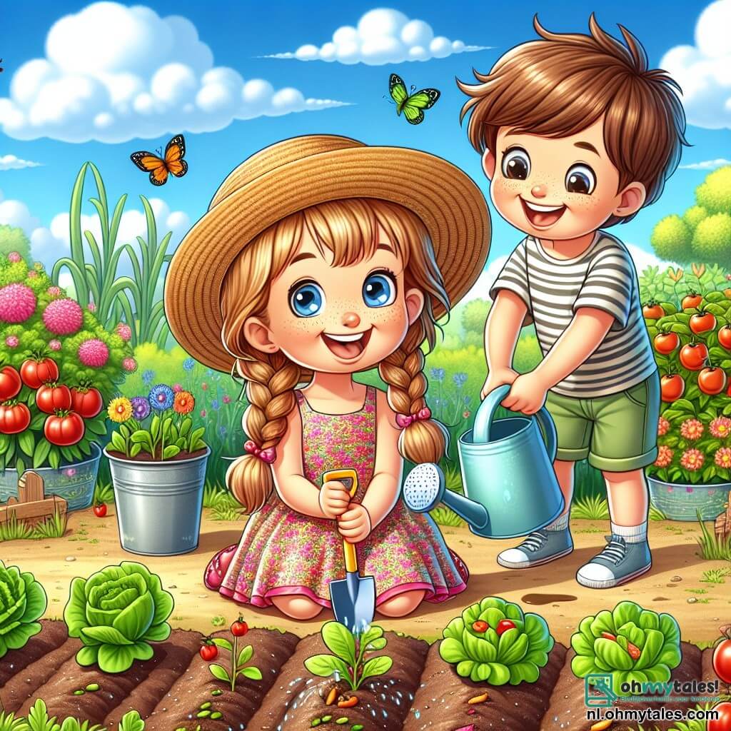 Een meisje van 6 jaar, met lange blonde vlechten en een grote blije glimlach, zit in een zonnige tuin met een klein plastic schepje. Ze draagt een mooie bloemenjurk en een strohoed tegen de zon. Naast haar helpt haar grote broer Tim, 8 jaar oud, met zijn rommelige bruine haar en gestreept t-shirt, haar de jonge planten water te geven met een gekleurde gieter. Ze zijn omringd door rijen heldergroene groenten, zoals sla en rode tomaten, die groeien in vruchtbare bruine aarde. De lucht is stralend blauw met enkele pluizige witte wolken, en kleurrijke vlinders fladderen om hen heen. De hoofdscène toont de vreugde en opwinding van Lieke terwijl ze de wonderen van haar tuin ontdekt, klaar om te zien hoe haar zaden in groenten veranderen.