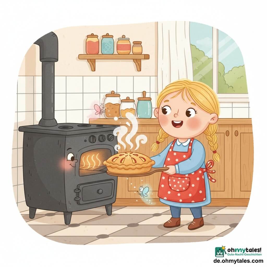 Ein etwa sechsjähriges blond geflochtenes Mädchen als Köchin, rundes lächelndes Gesicht, trägt eine gepunktete Schürze, hält einen Kuchenschieber aus Holz und hat gerade eine goldene Apfeltarte aus dem Ofen geholt; links ein alter gusseiserner Ofen mit einer kleinen fensterähnlichen Öffnung wie ein Auge und stilisierten Hitzestrahlen, warm wirkend auf dem gefliesten Boden; zwei kleine unsichtbare Helfer als durchscheinende Pastell-Sprites (rosa und blau) wie Schmetterlinge wirbeln um die Tarte und streuen Zuckerfunken; gemütliche einfache Küche mit hellem Holzarbeitsplatz, weißen Fliesen, Regalen mit bunten Gläsern und weichem Licht aus einem rechts sichtbaren Fenster mit verschwommenem Garten; die Tarte mittig mit goldener Kruste, sichtbaren roten und gelben Apfelscheiben und stilisiertem Dampfwirbel; klare zentrierte Komposition, weiche Farbpalette (warme Gelbtöne, sanfte Rottöne, Pastellblau), abgerundete Formen und kinderfreundliche Atmosphäre.