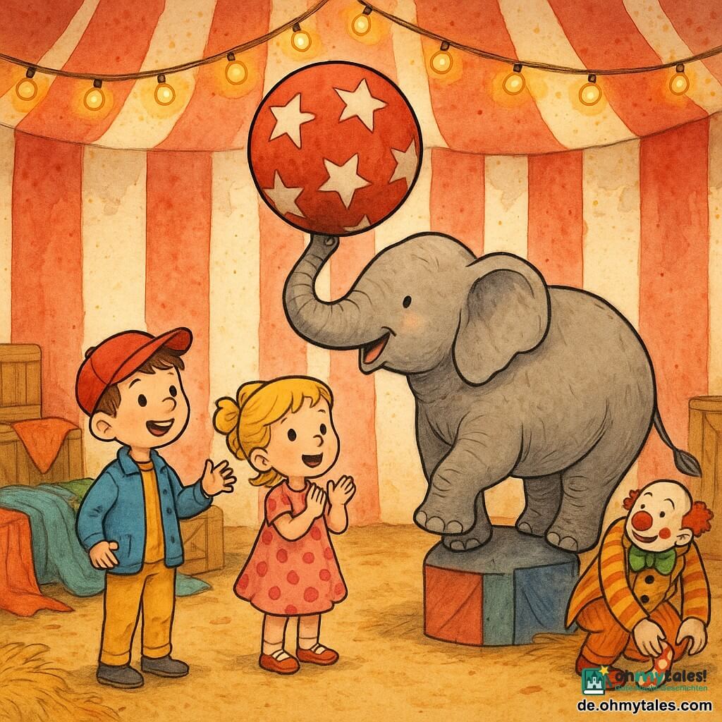 Vier Figuren: Max, 6 Jahre, kurze braune Haare, rote Kappe, blaue Jacke, links stehend, reicht die Hand zum Ball und lächelt das Elefant an; Leni, 5 Jahre, blonde Haare mit großer gelber Schleife, gepunktetes rosa Kleid, rechts von Max, klatscht mit großen Augen; Fridolin, erwachsener Clown, weiß-rot geschminkt, gestreifte Jacke, roter Rundnase, hockt hinter den Kindern und hebt einen gepunkteten Schuh auf; breites graues Elefant in der Mitte leicht hinter den Kindern, Rüssel erhoben und balanciert einen großen roten Ball mit weißen Sternen. Ort: Inneres eines rot-weiß gestreiften Zirkuszelts, warme Lichterketten, Holzkisten und bunte Stoffe auf dem Boden, etwas Stroh in einer Ecke. Szene: Das Elefant balanciert den Ball, zwei Kinder helfen und klatschen, der Clown hebt einen Schuh auf; kräftige Farben, klare Tuschelinien, punktierte Texturen für Stoff und Fell, fröhliche Mienen und übertriebene Gesten.