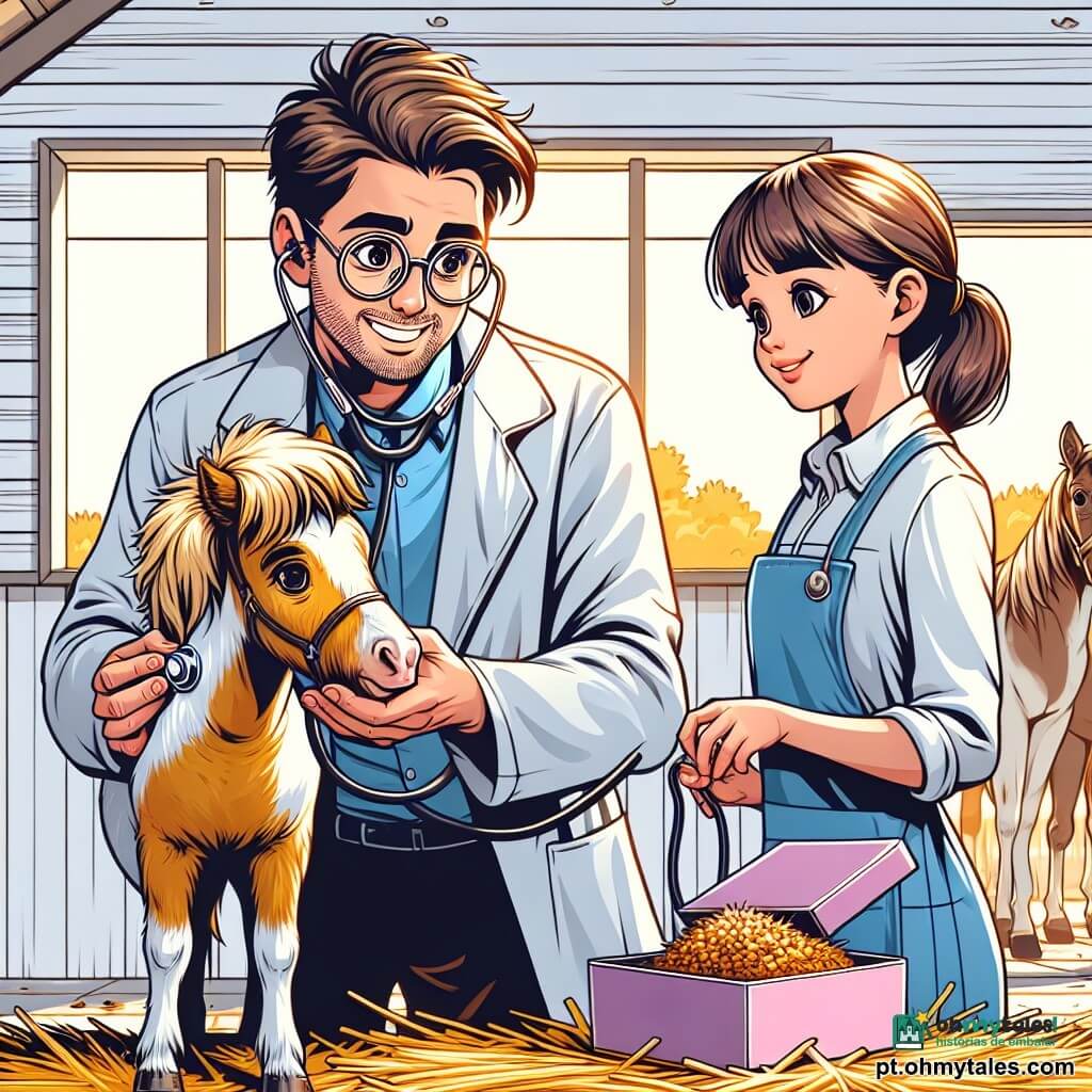 Um veterinário homem, na casa dos trinta anos, com cabelos castanhos bagunçados e óculos redondos, sorri com benevolência. Ele usa um jaleco branco e segura um estetoscópio, inclinado em direção a um pequeno pônei de pelagem dourada, que parece calmo e feliz. Ao lado dele, uma mulher na casa dos quarenta anos, com cabelos castanhos presos em um coque, observa com um sorriso caloroso. Ela usa um avental azul e segura uma caixa de petiscos para animais, pronta para recompensar o pônei. A cena acontece em um estábulo iluminado, com paredes de madeira clara e raios de sol filtrando pelas janelas, iluminando a palha dourada no chão. Cavalos de cores variadas estão ao fundo, adicionando vida ao ambiente. O veterinário examina atentamente o pônei, ouvindo seu coração com o estetoscópio, enquanto a mulher prepara um petisco, criando uma atmosfera de confiança e cuidado.