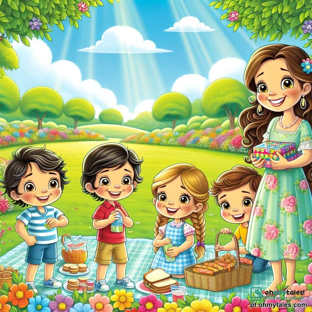 Em um parque ensolarado, um menino de sete anos chamado Miguel, com cabelos castanhos e olhos brilhantes, está no centro da imagem, sorrindo amplamente enquanto segura uma caixa colorida. À sua esquerda, sua mãe, uma mulher de sorriso caloroso, com cabelos longos e cacheados, usa um vestido leve com estampas florais e olha para Miguel com olhos cheios de emoção. À direita de Miguel, Clara, uma menina de sete anos com cabelos loiros trançados, está preparando biscoitos em uma toalha colorida, enquanto Lucas, um menino de cabelos castanhos curtos, organiza sanduíches na mesma toalha. João, outro menino de sete anos com óculos e cabelos negros, serve limonada em copos plásticos. O parque está cheio de flores vibrantes de todas as cores, com árvores verdes balançando suavemente ao vento. Uma grande grama verde se estende sob um céu azul claro, salpicado de algumas nuvens brancas e fofas. A cena mostra o momento alegre em que Miguel apresenta a caixa à sua mãe, cercado por seus amigos, todos sorridentes e ansiosos para começar seu piquenique para o Dia das Mães. Risos e amor pairam no ar, criando uma atmosfera festiva e acolhedora.