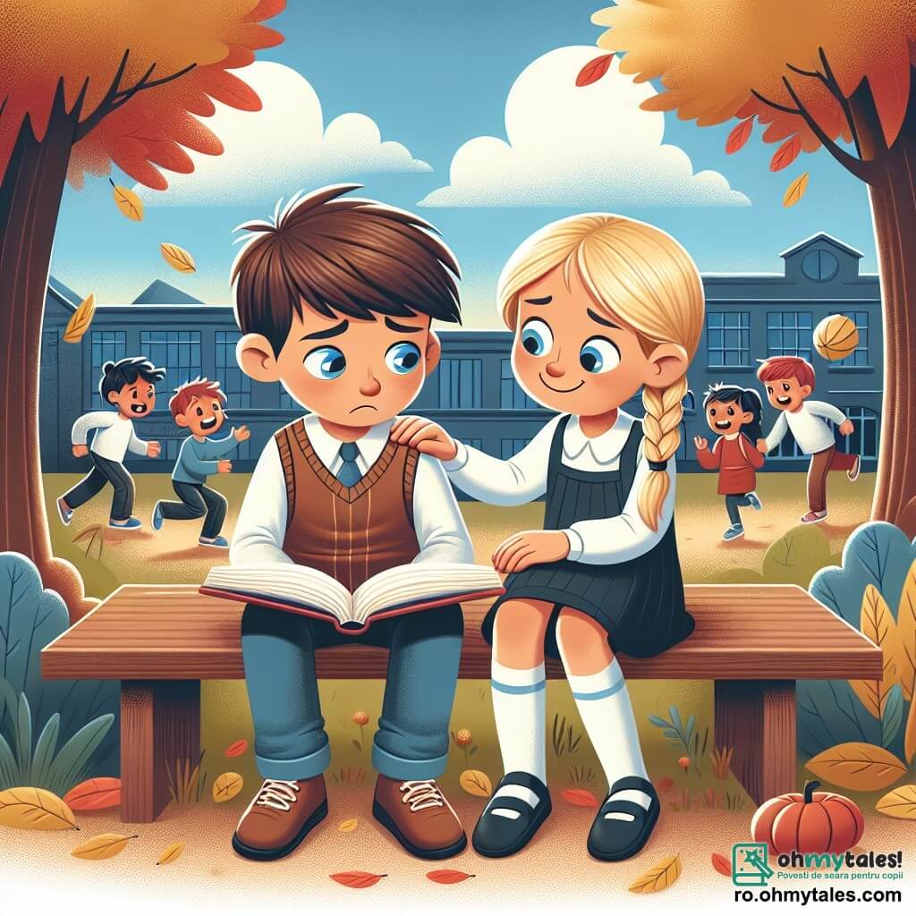 Andrei, un băiat de 10 ani cu părul brun și ochi triști, stă pe o bancă în curtea școlii, ținând o carte deschisă pe genunchi. Lângă el, Ana, o fetiță de 9 ani cu părul blond împletit și un zâmbet cald, îl ascultă atent, punând o mână reconfortantă pe umărul lui. În fundal, curtea școlii este plină de culori autumnale, cu copaci cu frunze aurii și roșii, și copii care se joacă fericiți cu mingea. Cerul este albastru deschis, presărat cu câteva nori albi pufoși. Andrei își împărtășește tristețea legată de separarea părinților săi, iar Ana îi oferă sprijinul și prietenia ei, creând un moment de conexiune și înțelegere între ei.