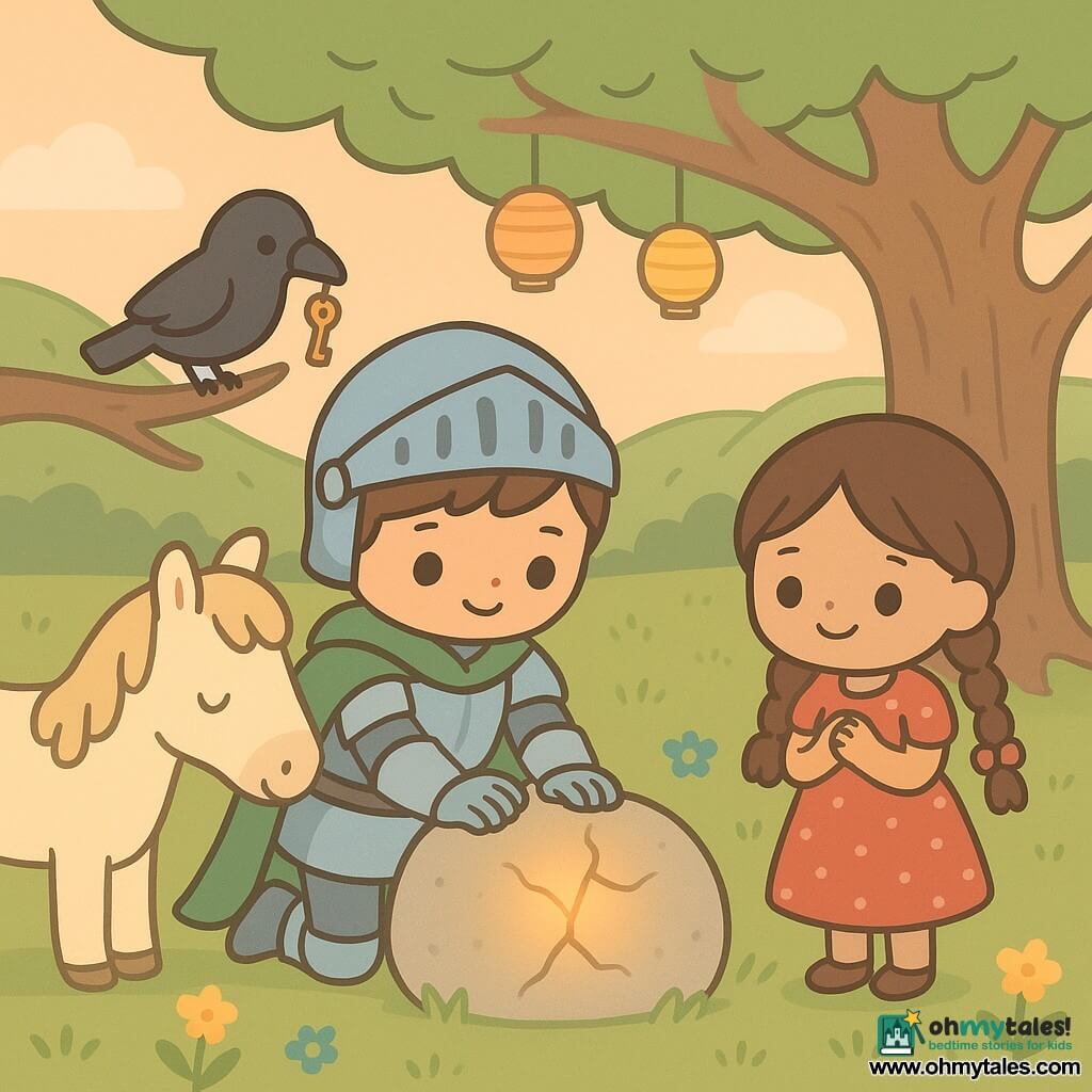 A young boy knight—small, chestnut hair, simple polished steel armor with blue highlights, green wool cloak, gentle face and bright eyes—kneeling with his hands on a large cracked round stone emitting a warm closing glow; a little girl (about 6) with brown braids in a red polka-dot dress holding a small ribbon stands to his right watching admiringly; a cream-colored horse named Olive with a soft mane rests its muzzle against his leg to the left; a black crow perched on a low branch of the great oak holds a small shiny key in its beak; setting: center of a green valley under an ancient oak, short grass with yellow and blue flowers, a sparkling stream and paper lanterns in the branches at orange twilight; scene: the knight repairs the final sealed stone as the crack closes while the girl applauds and Olive and the crow watch, calm triumphant mood, pastel colors, rounded forms and clean contours.
