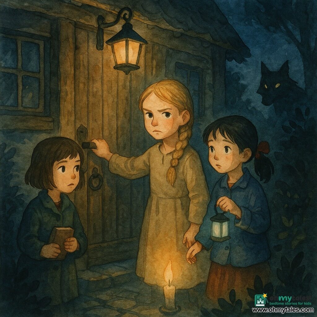 Three girls: Elsie, about 10, blond hair in a thick braid, simple linen dress, standing center in front of an oak door with her hand on the handle and a determined look; Mara, about 10, brown bob, dark green coat, left of Elsie, holding a small notebook and watching the alley cautiously; June, about 9, black ponytail with a red ribbon, blue jacket, right of Elsie, holding a small mint tin that glints under the lamp and poised to tap it like a bell. Setting: in front of an old wooden cottage with an oak door, iron knocker and small leaded windows, a warm lantern above the door casting soft light onto a wet cobbled alley framed by dark bushes and trees; watercolor palette of deep blues, ochres and greens with grainy texture and soft edges. Main situation: the three girls form a small luminous barrier before the door with candles on the ground, while a wolf silhouette hides behind a bush to the right—yellow eyes gleaming, muzzle partly visible, sly but at a distance—creating a tense yet reassuring contrast between the girls' warm light and the wolf's cold shadow.