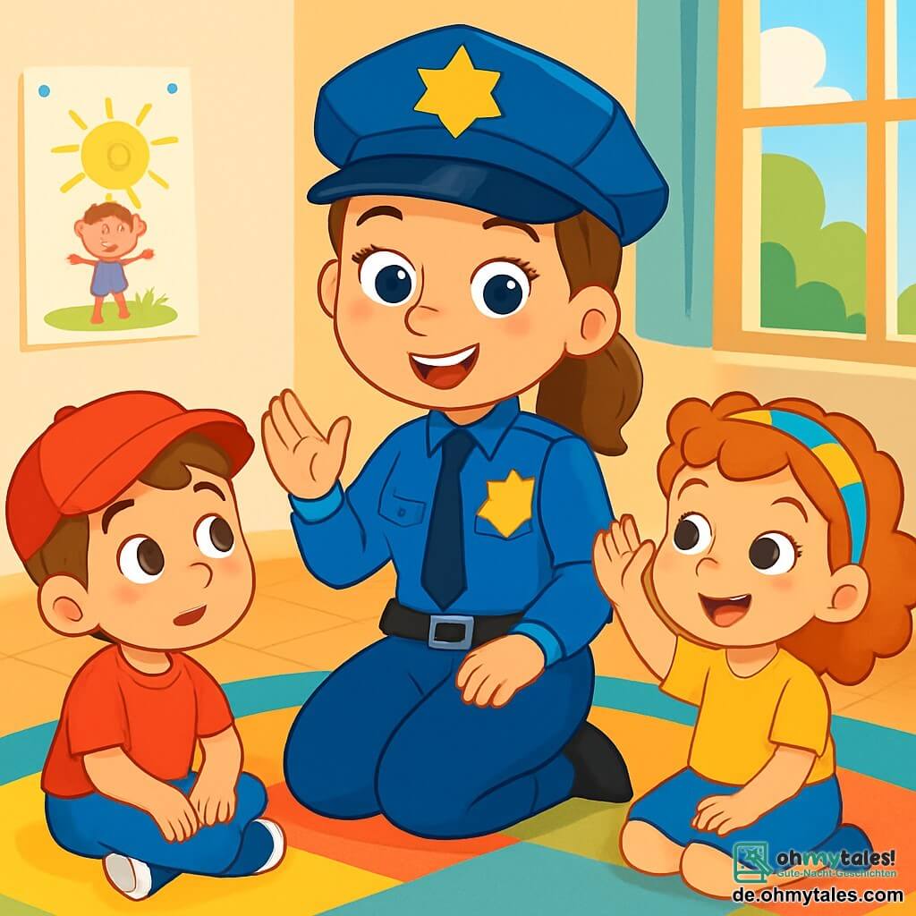 Eine lächelnde Polizistin in einer leuchtend blauen Uniform mit einem glänzenden Abzeichen steht in der Mitte des Bildes. Ihre Augen funkeln vor Freude und Stolz, während sie den Kindern etwas erklärt. Rechts von ihr sitzt der 6-jährige Timmy mit einer roten Mütze und neugierigen Augen, der ihr aufmerksam zuhört, die Hände auf den Knien. Links von ihr hebt die 5-jährige Lucy mit lockigem Haar und einem bunten Haarband begeistert die Hand, bereit, eine Frage zu stellen. Die Szene spielt in einem hellen Klassenzimmer mit Wänden, die mit Kinderzeichnungen dekoriert sind, einem bunten Teppich auf dem Boden und Fenstern, die Sonnenlicht hereinlassen. Die Polizistin erzählt fesselnde Geschichten über ihre Arbeit, während die Kinder, im Kreis um sie herum sitzend, mit Staunen zuhören, ihre Gesichter erleuchtet von Neugier und Aufregung.