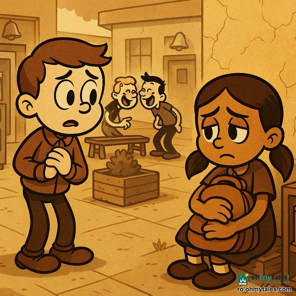 Matei, băiat de 10 ani, anxios dar hotărât, cu față rotundă și păr scurt castaniu, stă la câțiva pași de Amina; Amina, fată de ~10 ani, de origine nord-africană, cu piele mai închisă și două codițe, stă așezată lângă o mică bibliotecă ținându-și ghiozdanul; doi băieți mai mari (12–13 ani), unul blond și unul șaten, râd și fac gesturi în bătaie de joc în fundal lângă un banc sau un distribuitor; curtea școlii e pavată, cu bănci de lemn uzate, un mic jardiniere și un perete galben crăpat, lumina blândă a dimineții și umbre lungi subliniază tensiunea momentului.