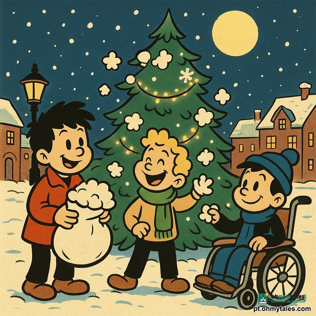 Há 3 personagens: - Gabriel, um menino de 10 anos, tem cabelos castanhos bagunçados e veste um casaco vermelho vivo. Ele está em pé à esquerda, segurando um grande saco de algodão branco. - João, um menino de 10 anos, tem cabelos loiros encaracolados e usa um cachecol verde. Ele está no centro, rindo e jogando flocos de algodão no ar. - Lucas, um menino de 10 anos em cadeira de rodas, tem cabelos negros e usa um gorro azul. Ele está à direita, sorrindo, colocando algodão em um galho baixo. O local é a praça central de uma pequena cidade nevada. No centro, um majestoso pinheiro de Natal está decorado com guirlandas luminosas e flocos de algodão que brilham sob a luz da lua. Ao redor, casas com telhados nevados e postes antigos emitem um suave brilho dourado. A situação principal mostra os três amigos decorando alegremente o pinheiro com algodão para criar uma neve mágica. O ambiente é festivo e acolhedor, com flocos de neve caindo suavemente do céu estrelado.