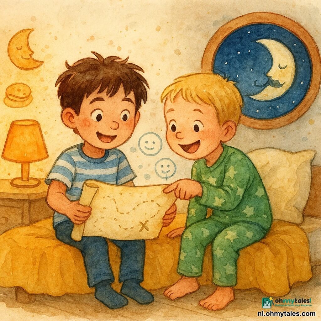 Twee hoofdpersonages: Milo, bijna 6, warrig bruin haar, blauw-wit gestreept t-shirt, zit links op het bed met de benen over de rand en houdt een grote opgerolde kaart vast; Sem, bijna 6, kort blond haar, groen pyjamaatje met sterretjes, zit rechts, lacht en wijst naar de kaart terwijl hij naar Milo toe leunt alsof hij fluistert. Kamer 's avonds, warme oranje nachtlamp, crèmekleurige muren met maan- en pannenkoekenstickers, gerimpelde mosterdkleurige katoenen deken, zachte kussens, lichte houten vloer en ronde ruit met nachtblauwe hemel en een getekende snorrenmaan. Situatie: ze ontvouwen een lichtgloeiende "kietel-kaart" met kleine pijltjes en drie glimlachende bubbels erboven, rustige ondeugende sfeer, verwonderde blikken met fonkelende ogen en lichte aquarelvlekjes rondom voor een dromerig effect.