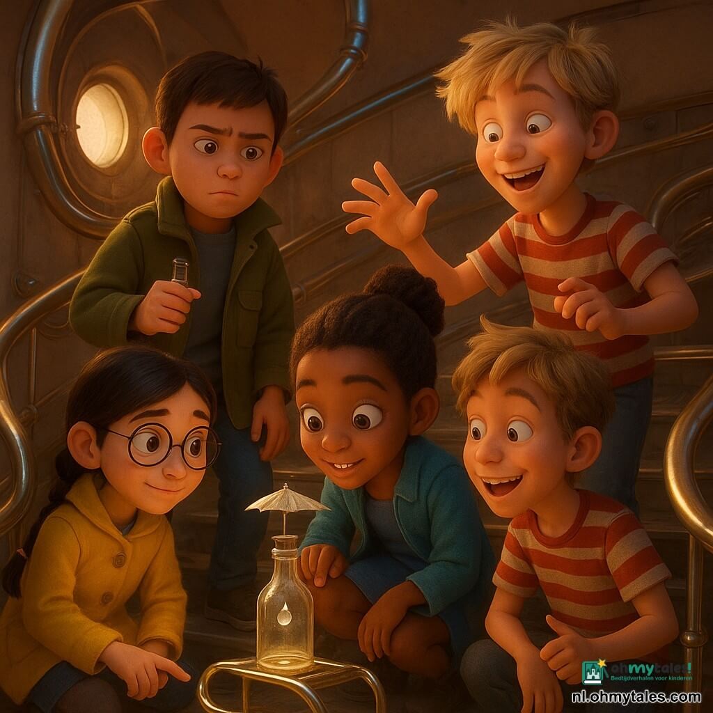 Er zijn vier kinderen: Milo, ongeveer 11, kort bruin haar, rond wantrouwend gezicht, te grote kaki jas, staat achteraan op een hoge trede van de "trombone-trap", houdt een klein glazen flesje met een piepkleine druppel (Maestro Plok) en kijkt er behoedzaam naar; Noor, ongeveer 10, zwart haar in een vlecht, ronde bril, felgele mantel, gehurkt op een lagere trede links, vingertop op een trede in de vorm van een muzieknoot, glimlachend; Sem, ongeveer 12, warrig blond haar, gestreept T-shirt, guitige blik, staat rechts met één knie op een trede en doet een dirigeergebaar terwijl hij licht lacht; Aïsha, ongeveer 10, donkere huid, opgestoken krullen, blauw jurkje, vindingrijk, in het midden voorovergebogen naar het flesje op een standaard van een uitgevouwen paperclip en houdt een mini-papiertjes paraplu; locatie: een grote buitengewone trap volledig uit glanzende paperclips en trombones, zilverkleurige gebogen treden en leuning van glimmende buizen, zachte warme lichtinval door een klein papierruitje; details: verfrommelde muziekbriefjes, mini-mechanismes en metalen glinsters; situatie: de vier klimmen de trombone-trap om de melodie van de trede te verzachten, het flesje met de druppel staat centraal en klaar om vrijgelaten te worden; atmosfeer louche en absurd, overdreven gezichtsuitdrukkingen, felle kleuren, glanzende metalen en matte papieren texturen, compositie gericht op het lichtgevende flesje en de luisterende gezichten van de kinderen.