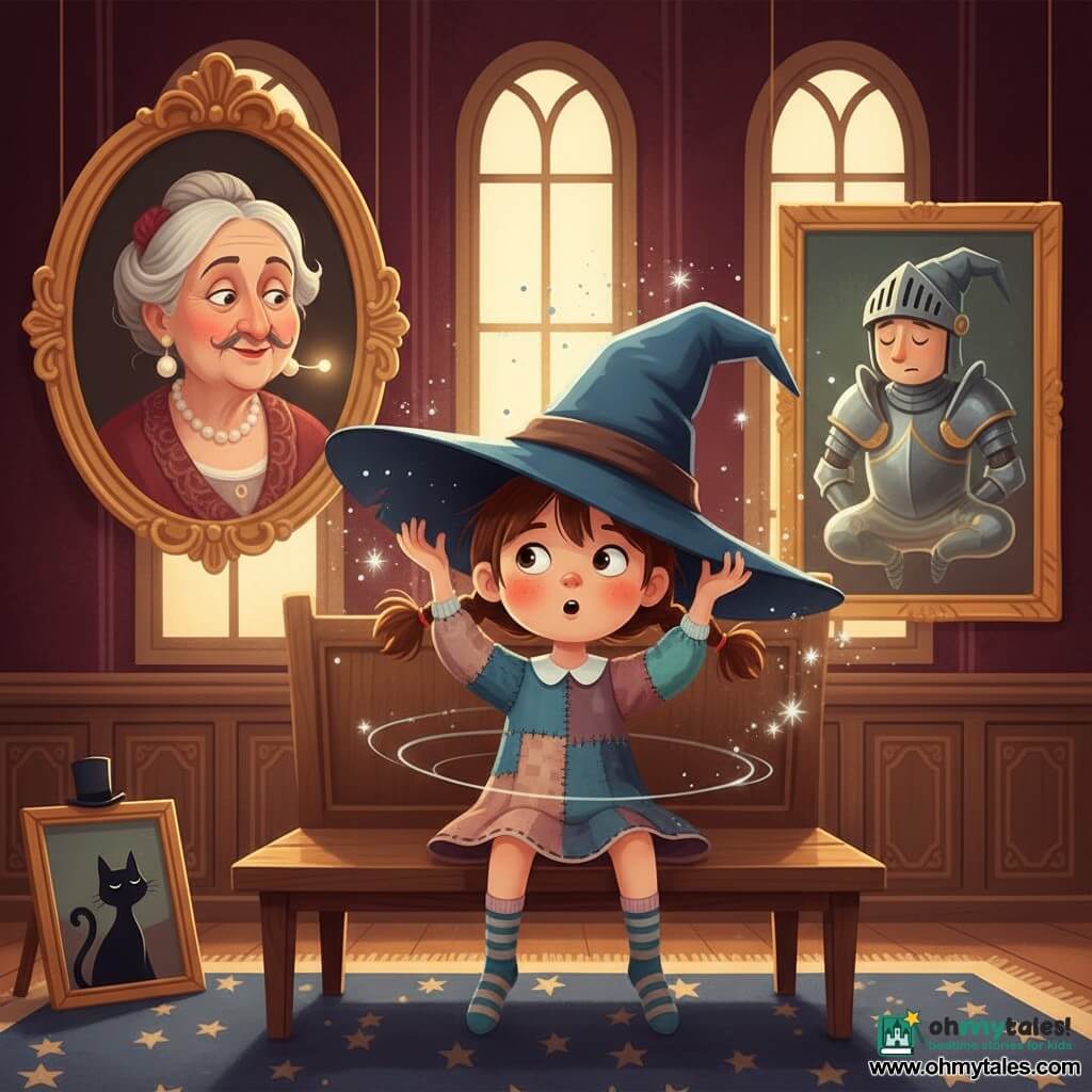 A 5–6-year-old apprentice witch girl with messy chestnut braids, a round face and a mischievous surprised expression, wearing mismatched socks and a patchwork dress, sits on a polished wooden bench trying to remove an oversized pointed hat that partly covers her face; in a burgundy-velvet, carved-wood gallery lit by soft golden light, a painted lady portrait to the left raises her eyebrows and smiles teasingly, a painted knight in stylized armor to the right begins to joggle awake like a jelly doll, and a small black queen’s cat with a tiny top hat in a low frame near the floor blinks slowly; the magical hat spins the girl slightly, scattering silver stardust sparks while the portraits’ expressions shift in playful ways (pearly necklaces gleaming, drawn-on mustaches), creating a warm, whimsical scene with rich colors, glossy textures, soft focus and a composition centered on the girl and her hat.
