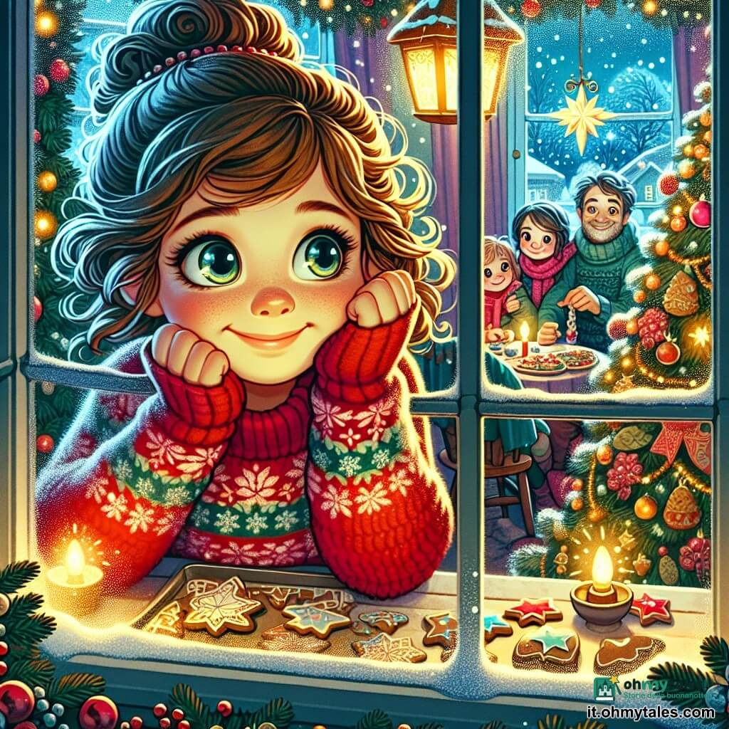 Una ragazza di 12 anni, Stella, con grandi occhi brillanti e capelli castani ricci, guarda con meraviglia da una finestra appannata, il suo viso illuminato dalla luce delle decorazioni di Natale. Indossa un maglione rosso di lana con motivi di fiocchi di neve, e un leggero sorriso tradisce la sua eccitazione. All'interno della casa, sua madre, una donna di circa quarant'anni con capelli biondi raccolti in uno chignon, decora biscotti a forma di stella sulla tavola, mentre suo padre, un uomo gioviale di quarant'anni con una barba sale e pepe, racconta storie seduto su una poltrona vicino all'albero di Natale. Il luogo è una calda sala da pranzo, adornata con ghirlande luminose scintillanti, un grande albero decorato con palline colorate e ghirlande dorate, e un tavolo carico di dolcetti natalizi. La neve cade dolcemente all'esterno, creando un paesaggio fiabesco. Stella, affascinata da una piccola luce nel giardino, esita tra unirsi alla sua famiglia per i preparativi di Natale o seguire quella misteriosa luce che sembra chiamarla.