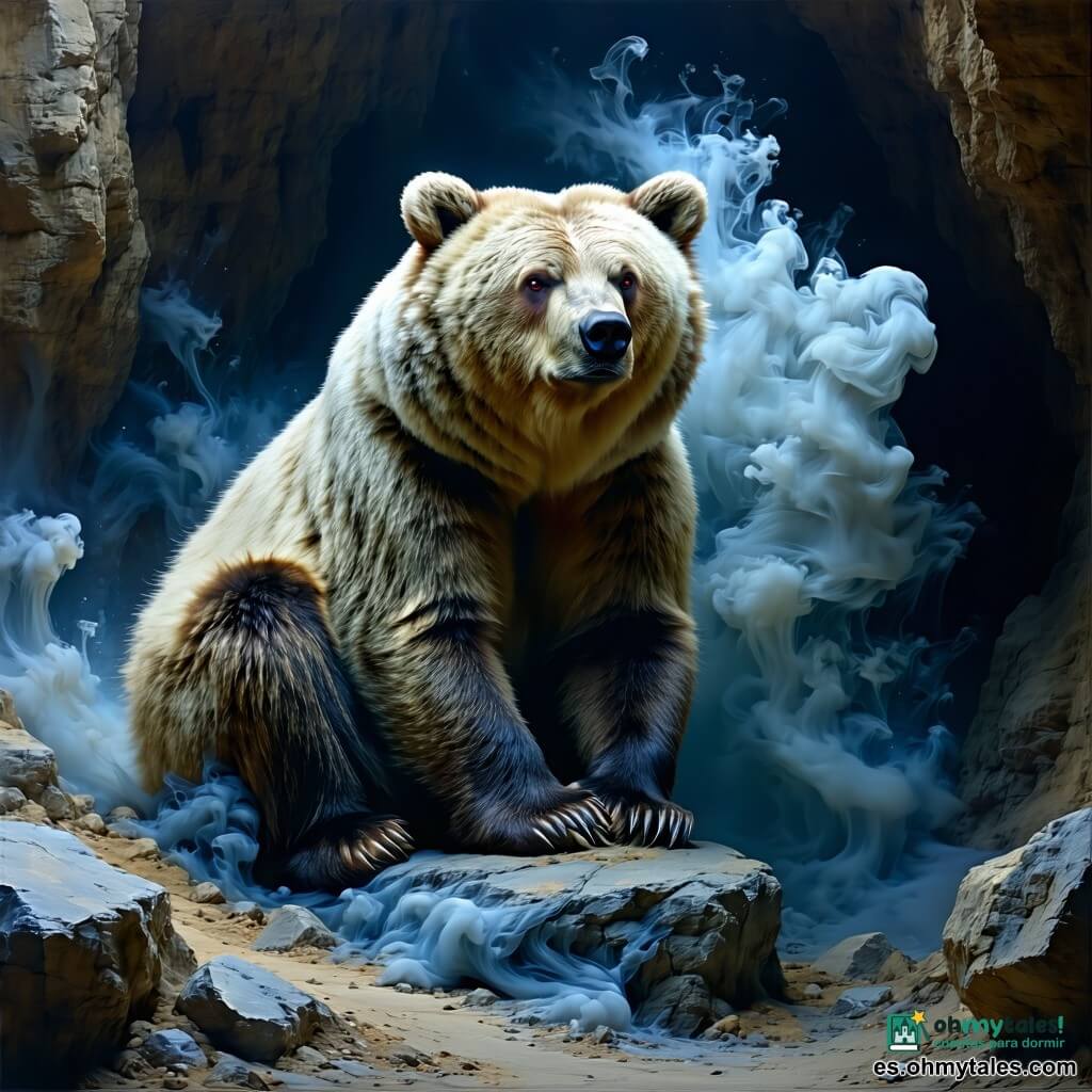 Un gran oso pardo antropomórfico (Leónidas), pelaje denso y texturado, ojos suaves pero decididos, sentado sobre una piedra fría con una pata junto a la oreja como para escuchar, rostro concentrado y sereno; una brisa visible en forma de banda de humo translúcido plateado, sinuosa y luminosa, rodea al oso y guía la mirada hacia el interior de la cueva; una sombra-grieta, nube negra de bordes dentados con débiles ojos rojos, retrocede y se agrieta en volutas cuando el oso cuenta historias, mostrando confusión y hambre apagada; un círculo de pequeñas piedras cubiertas de líquenes luminosos verdes y azules delante del oso, de donde emergen pequeñas notas visuales como burbujas sonoras coloreadas; la cueva: entrada estrecha de rocas húmedas, paredes estriadas, estalactitas brillantes como dientes de vidrio, suelo mojado que refleja manchas de luz dorada y fría, atmósfera brumosa y misteriosa; situación: el oso escucha y narra en voz baja, las sombras retroceden en remolinos, la brisa guía y el resplandor de los líquenes ilumina la escena en un contraste inquietante pero reconfortante.