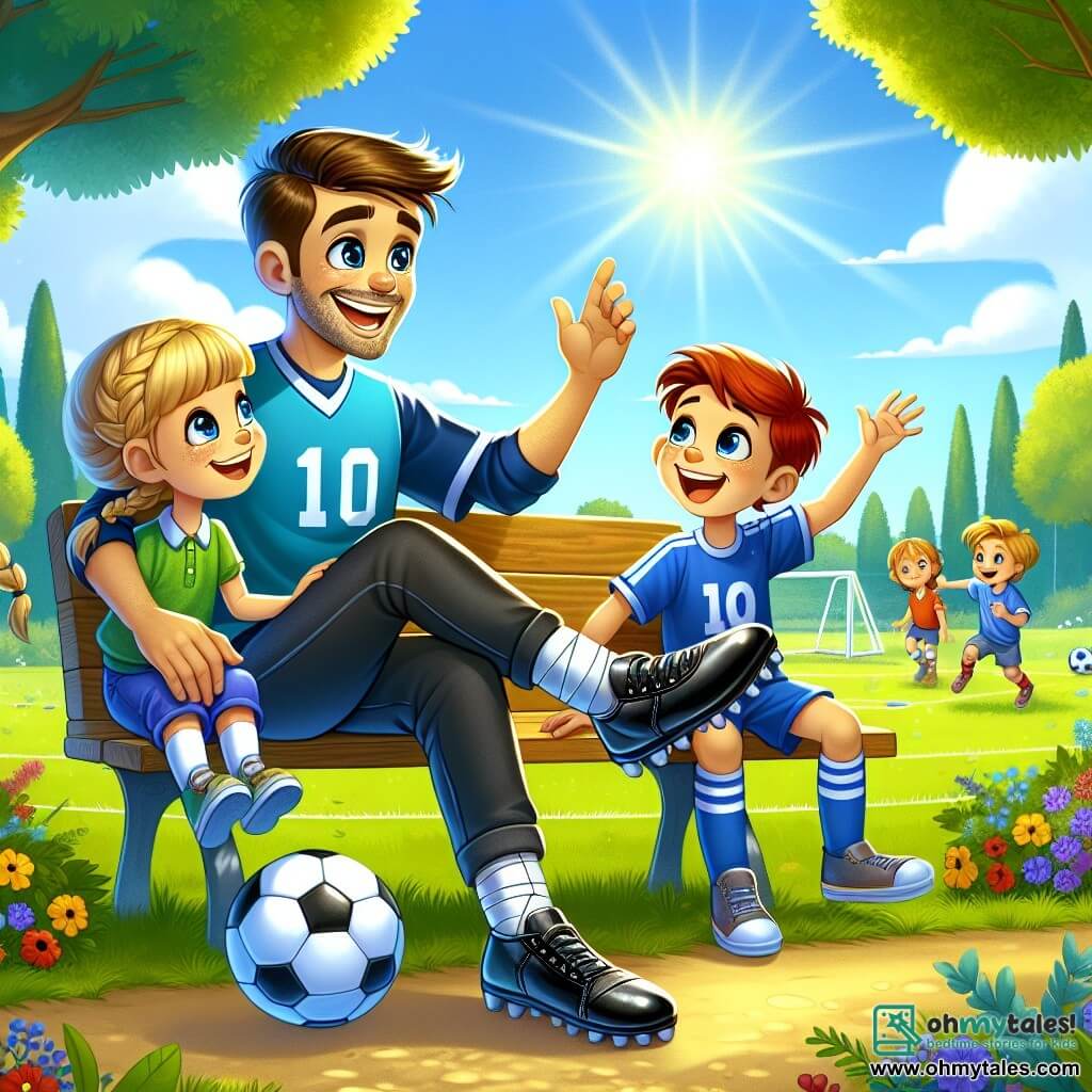 A smiling man named Max is sitting on a bench in a sunny park, wearing a blue jersey with the number 10 and shiny black shoes. He has brown hair and sparkling eyes, showing his enthusiasm for football despite his bandaged ankle. Next to him, an 8-year-old boy named Timmy, with red hair and bright eyes, is dribbling a football with a big smile, while a 7-year-old girl named Lily, with blonde hair in braids, watches them with admiration, eager to try as well. The park is lush with majestic trees, colorful flowers, and a grassy football field where other children are playing in the distance. The scene captures Max sharing football tips with Timmy and Lily, creating a joyful moment of learning and friendship under the bright sun.