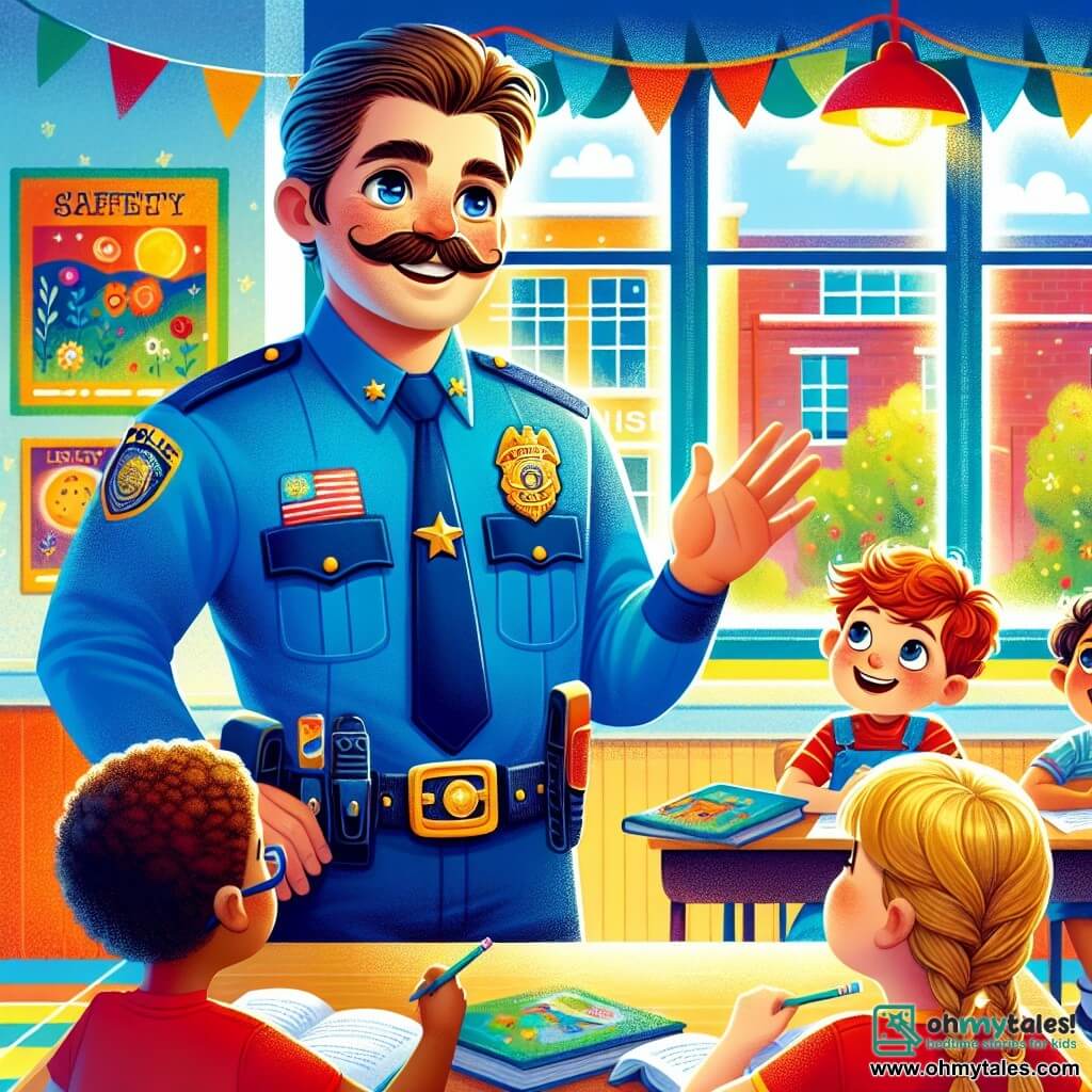 A smiling police officer, a man in his thirties with a well-groomed mustache and sparkling kind eyes, is wearing a bright blue uniform and a shiny badge on his chest. He is joyfully talking with children in a bright classroom surrounded by colorful posters about safety and kindness. A small boy, Timmy, 7 years old with messy brown hair and a red t-shirt, raises his hand enthusiastically, his eyes wide with admiration. Next to him, Sarah, an 8-year-old girl with braided blonde hair, listens attentively with a smile, holding a pencil and a notebook. The scene takes place in a warm classroom with sunlight streaming through the windows, colorful wooden tables, and children's drawings on the walls. Books and toys are scattered on the shelves, creating a welcoming and cheerful atmosphere. The main situation shows the officer sharing a captivating story about his work, while the children listen, captivated and inspired, dreaming of becoming heroes like him.