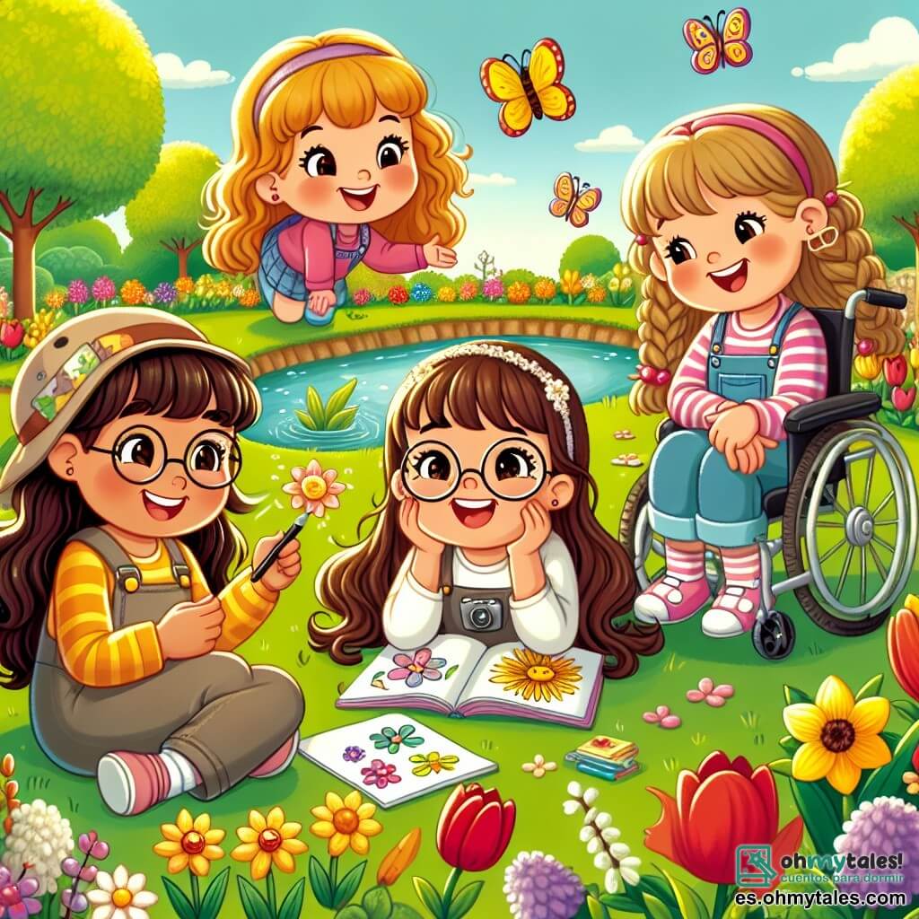 Clara, una niña de 12 años con largos cabellos castaños y gafas redondas, está sentada en la hierba verde, sonriendo ampliamente y sosteniendo un cuaderno en sus manos. A su lado, Sofía, una niña de 11 años con cabello rubio y rizado, observa una mariposa amarilla que vuela alrededor de ellas, con los ojos abiertos de asombro. Valeria, una niña de 12 años con cabello castaño y trenza, se inclina hacia adelante, dibujando una flor colorida en su cuaderno. Ana, una niña de 11 años en silla de ruedas, sonríe alegremente, sosteniendo un lápiz y un dibujo de girasol en sus manos. El lugar es un hermoso jardín escolar, lleno de flores brillantes de colores vivos y un pequeño estanque resplandeciente en el centro, rodeado de vegetación. La situación principal muestra a las cuatro amigas explorando el jardín, maravilladas por la belleza de la naturaleza, mientras toman notas y dibujan, celebrando así la llegada de la primavera y su amistad.